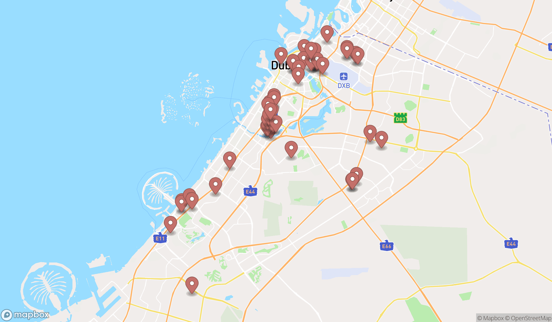 Map showing the search results in Dubai