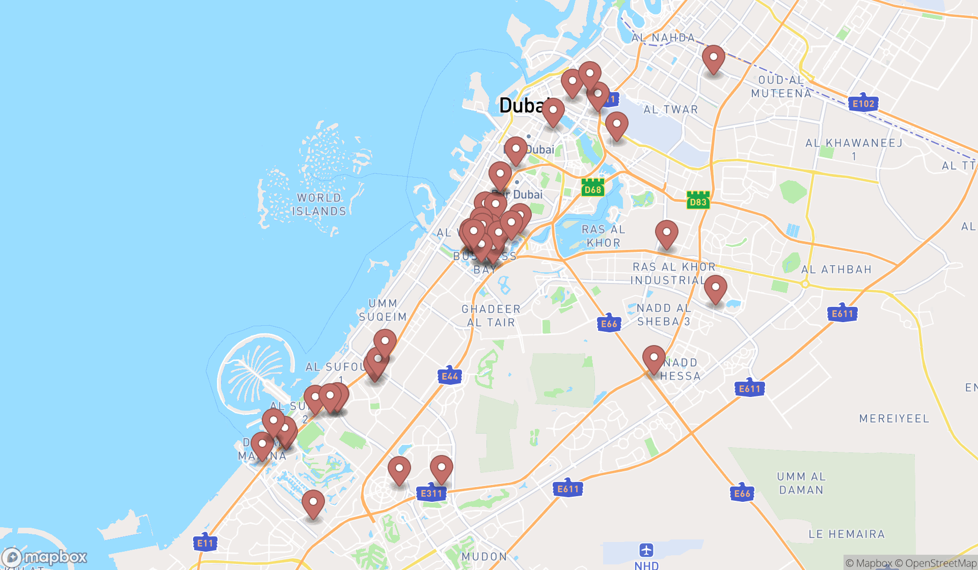 Map showing the search results in Dubai