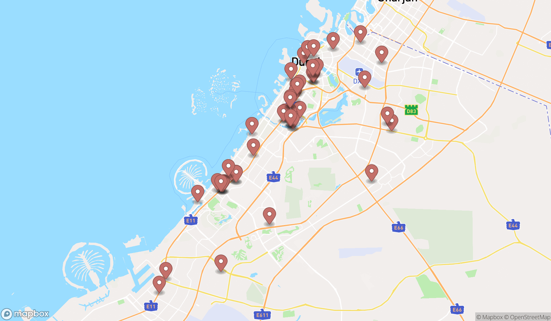 Map showing the search results in Dubai