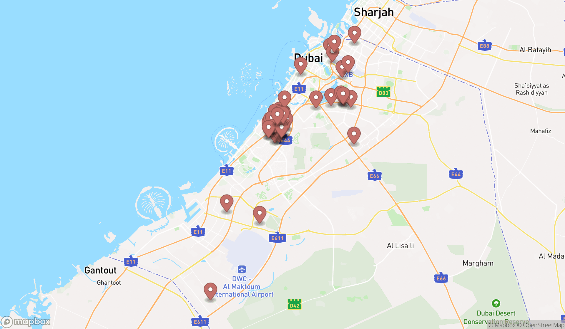 Map showing the search results in Dubai