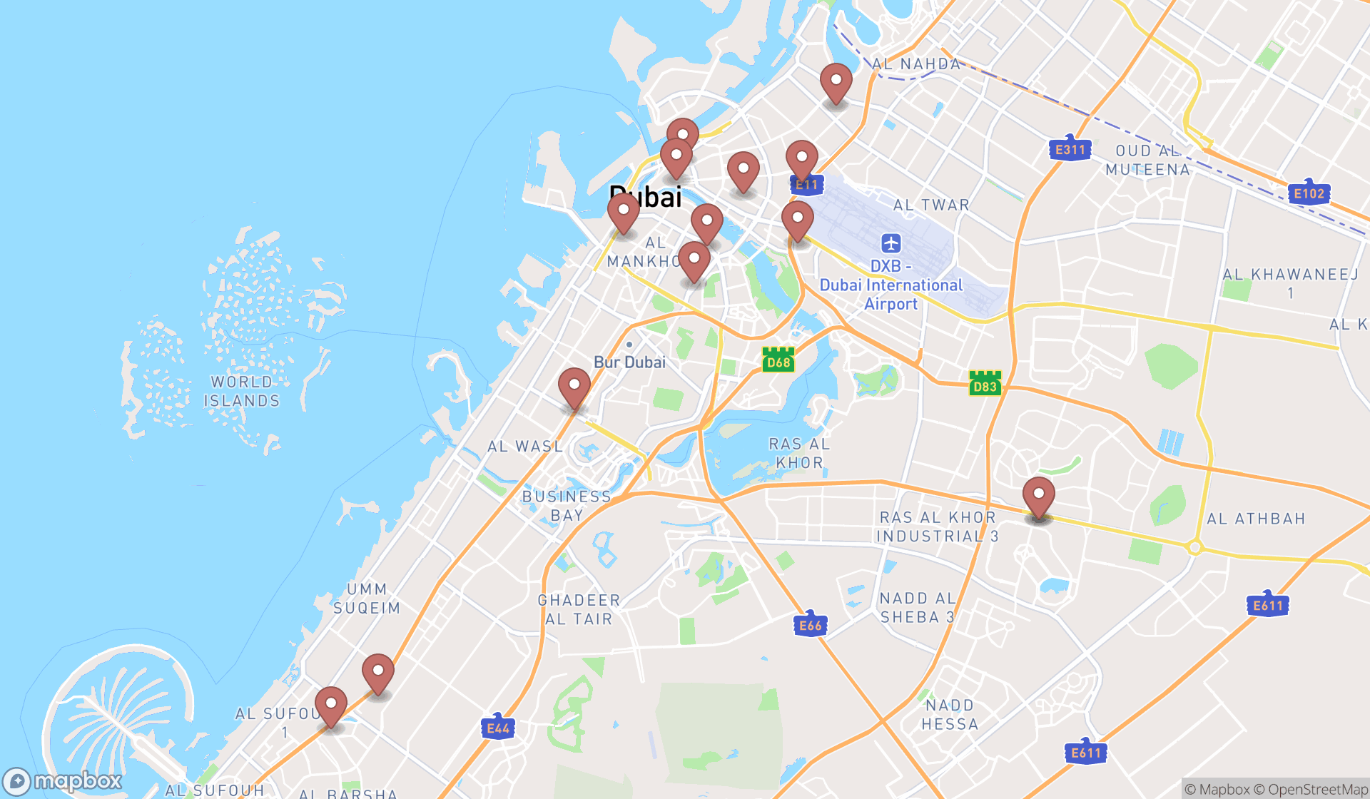 Map showing the search results in Dubai