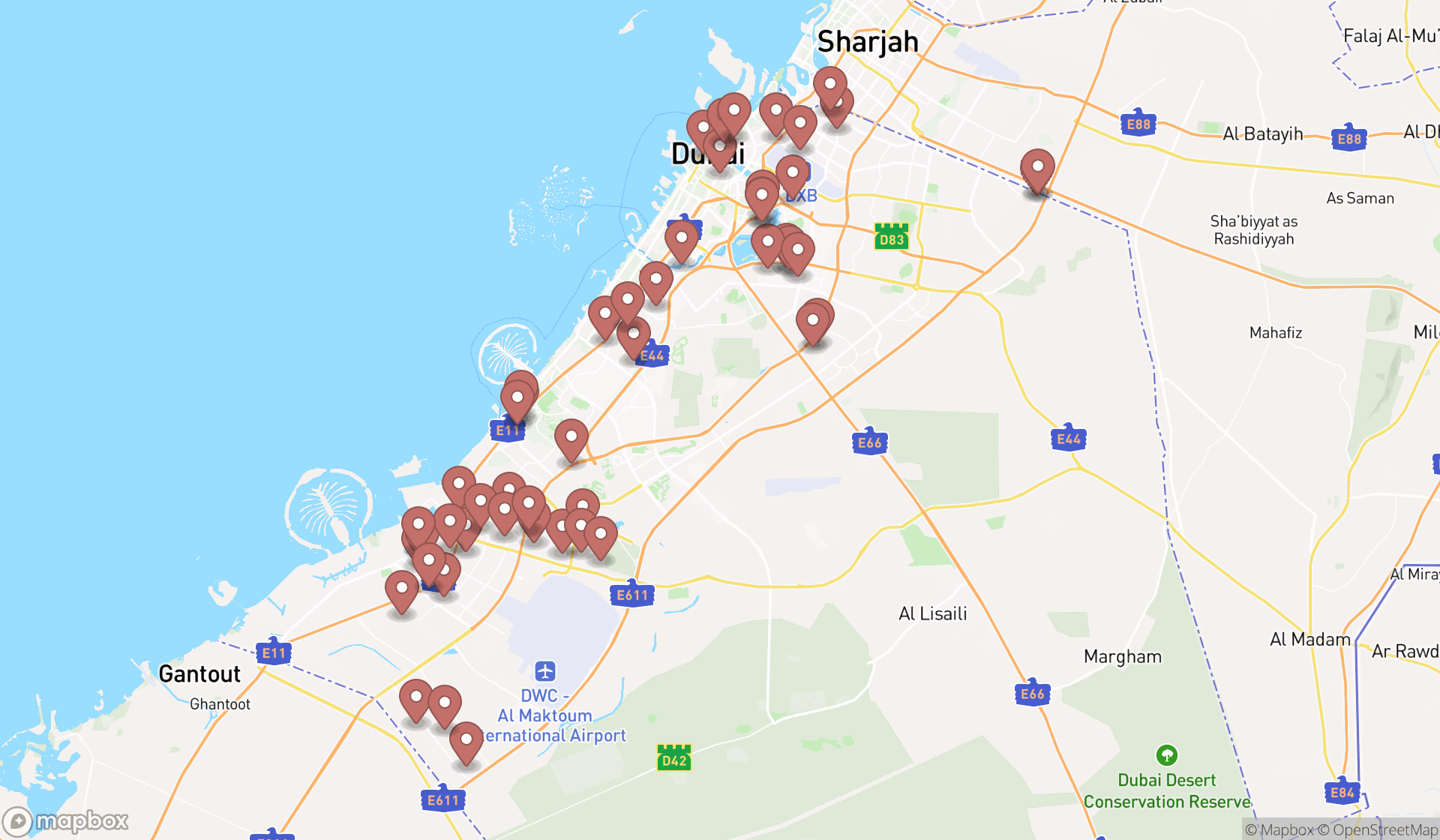 Map showing the search results in Dubai