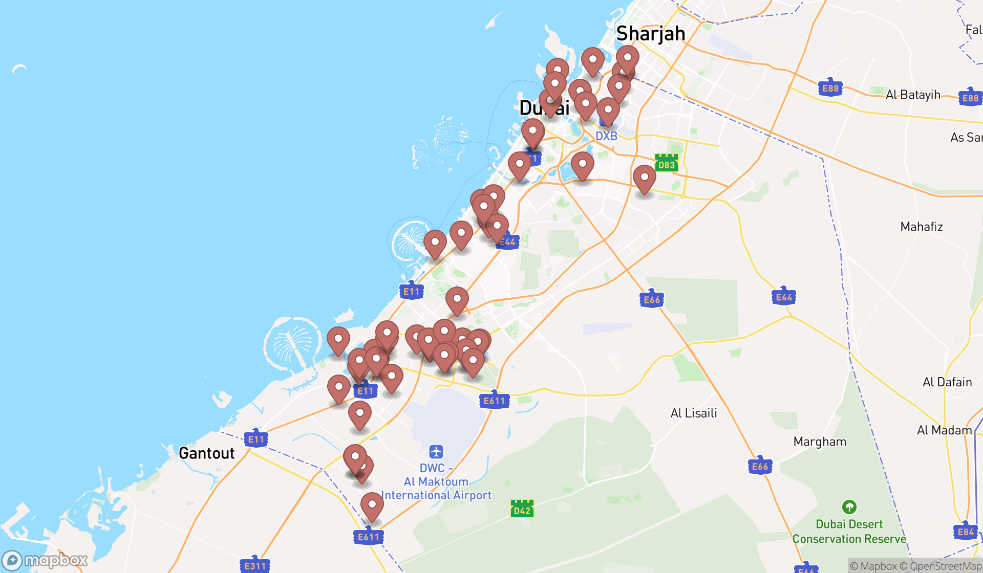 Map showing the search results in Dubai