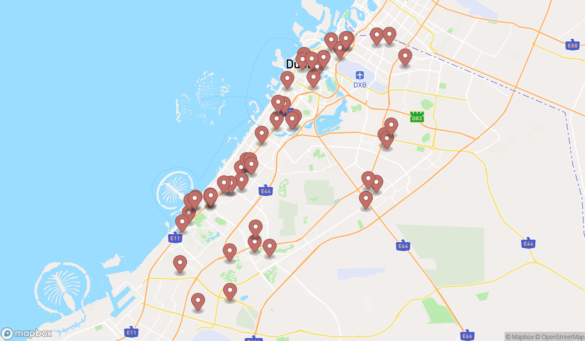 Map showing the search results in Dubai