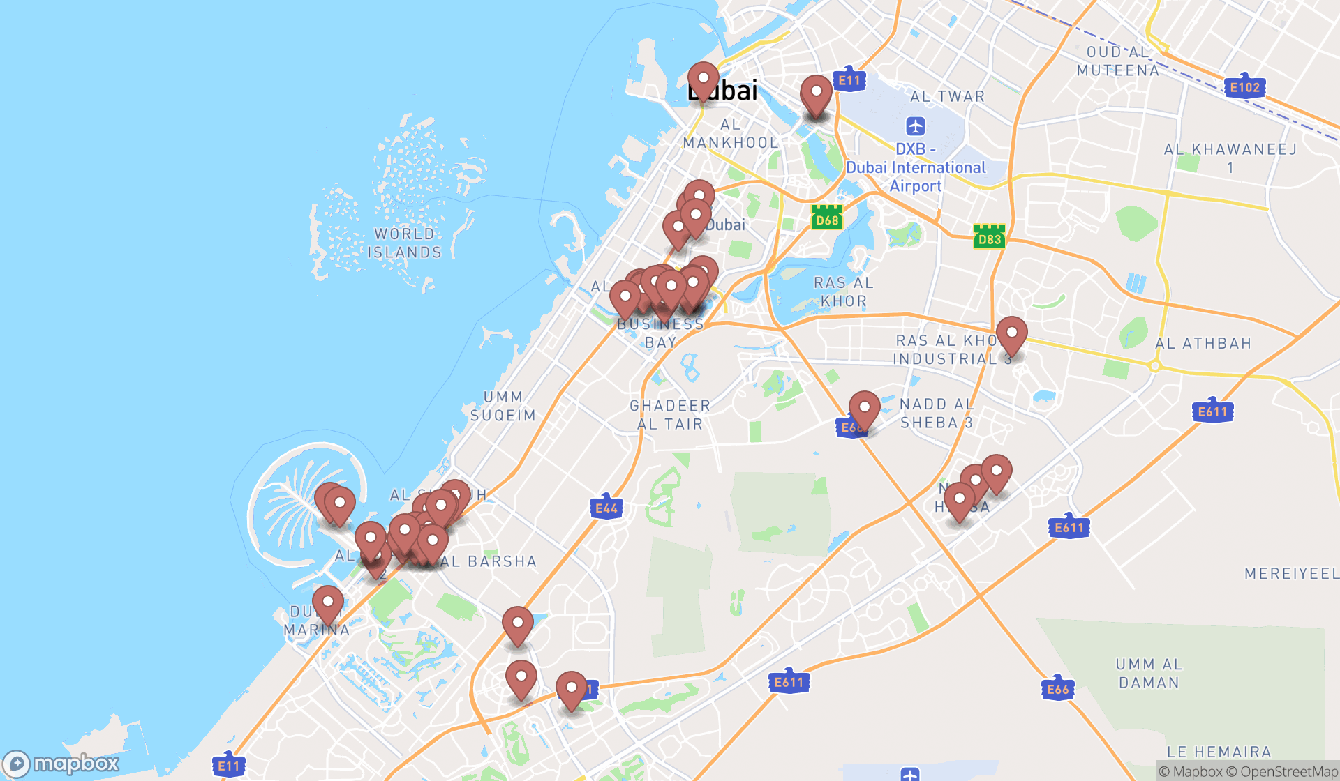 Map showing the search results in Dubai