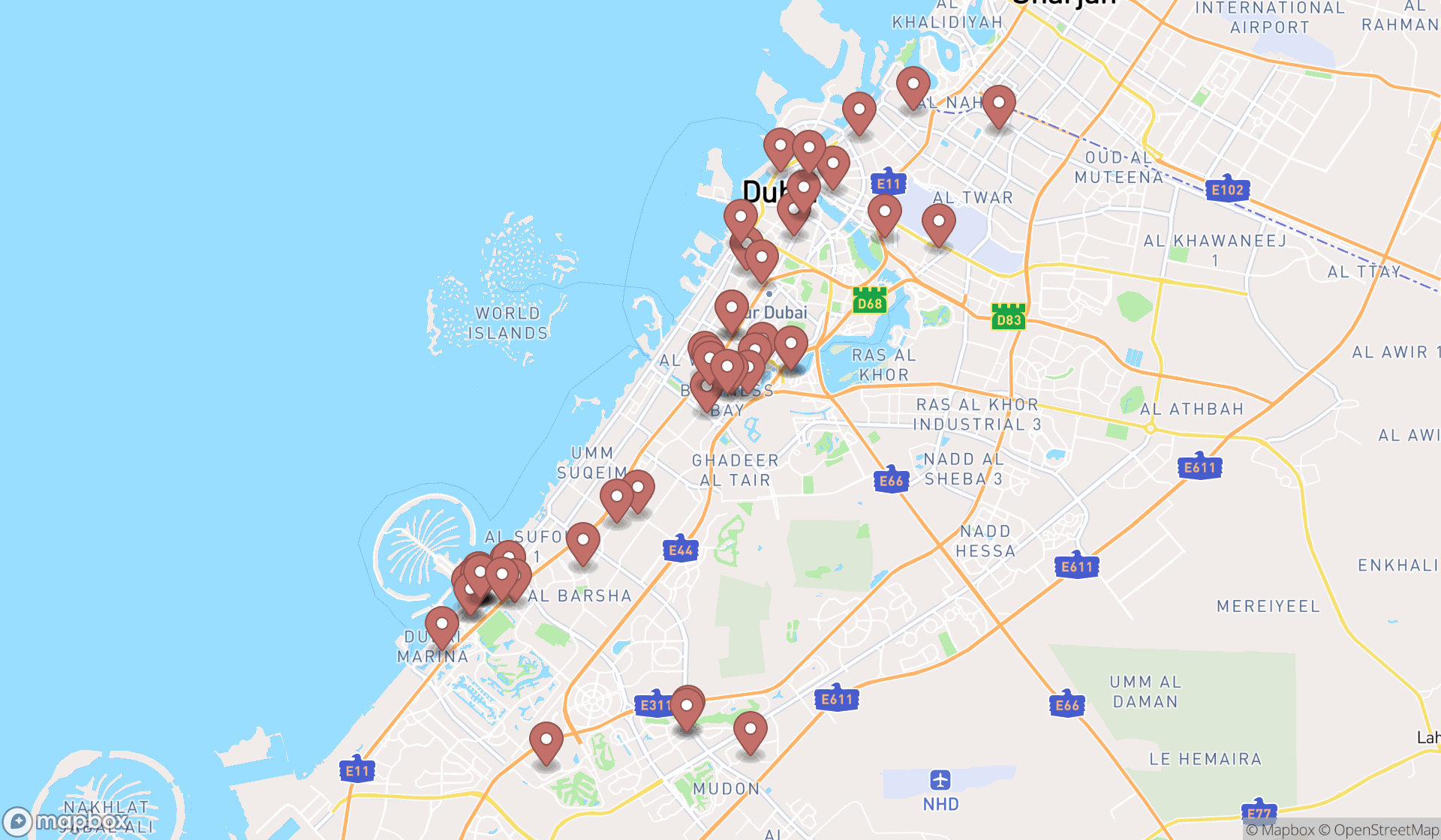 Map showing the search results in Dubai
