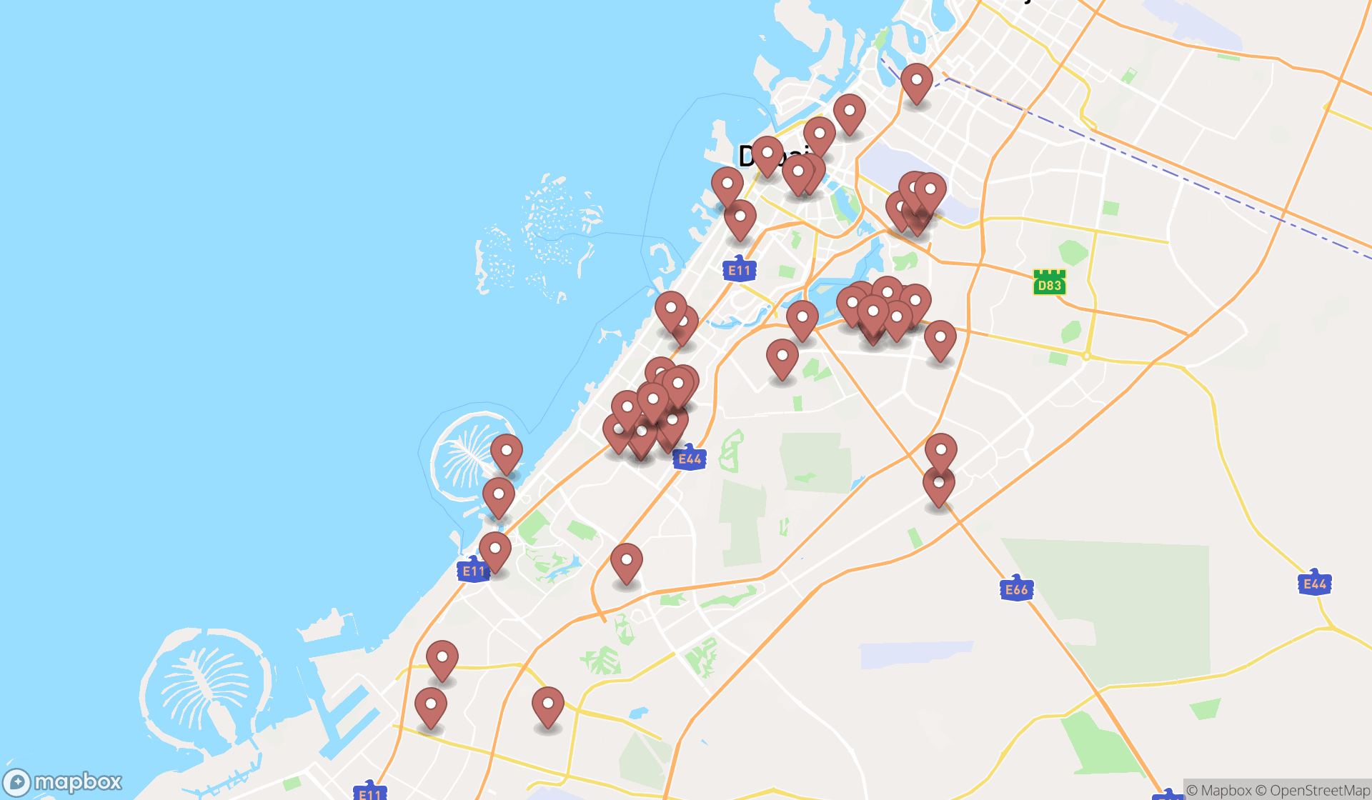 Map showing the search results in Dubai