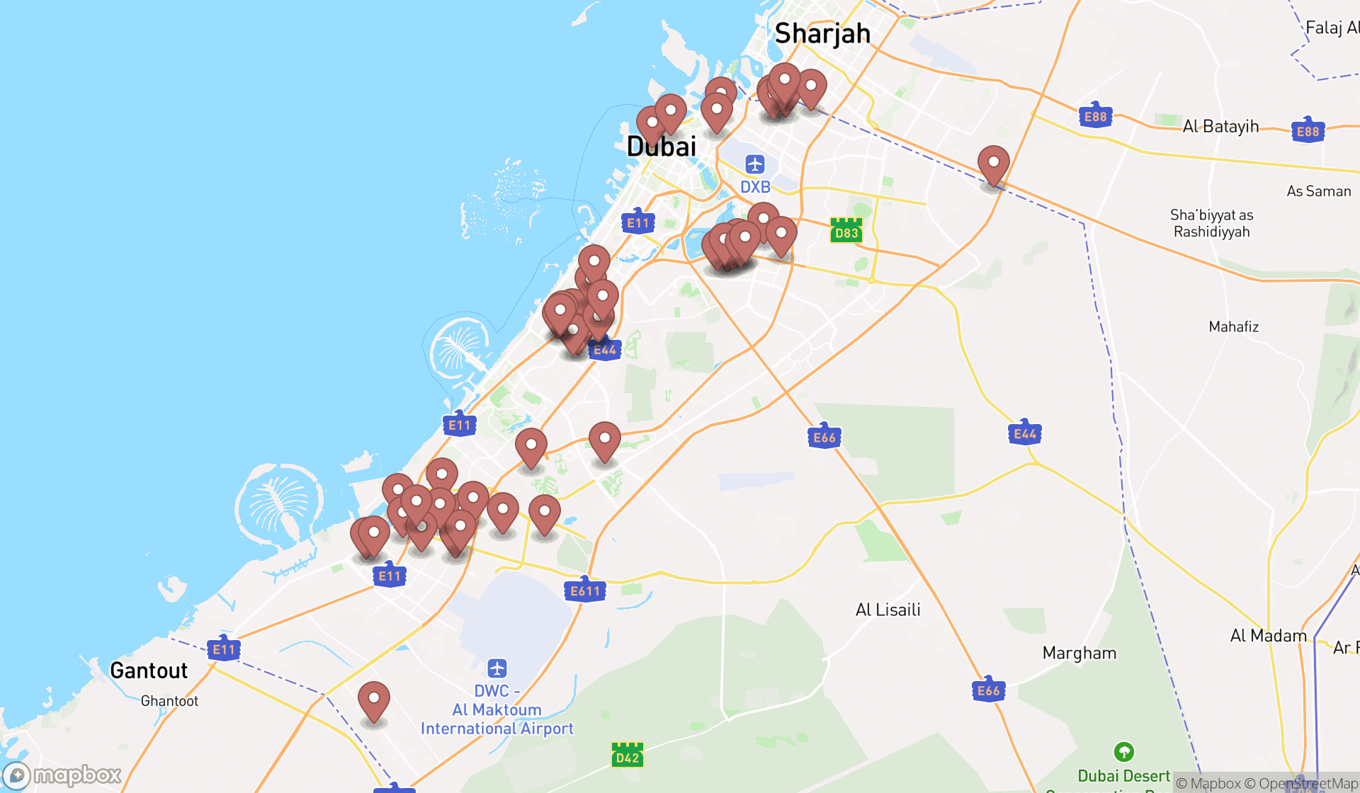 Map showing the search results in Dubai