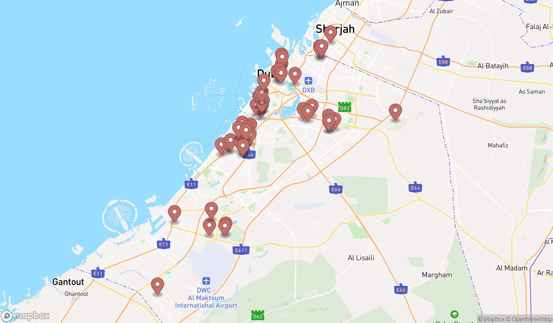 Map showing the search results in Dubai