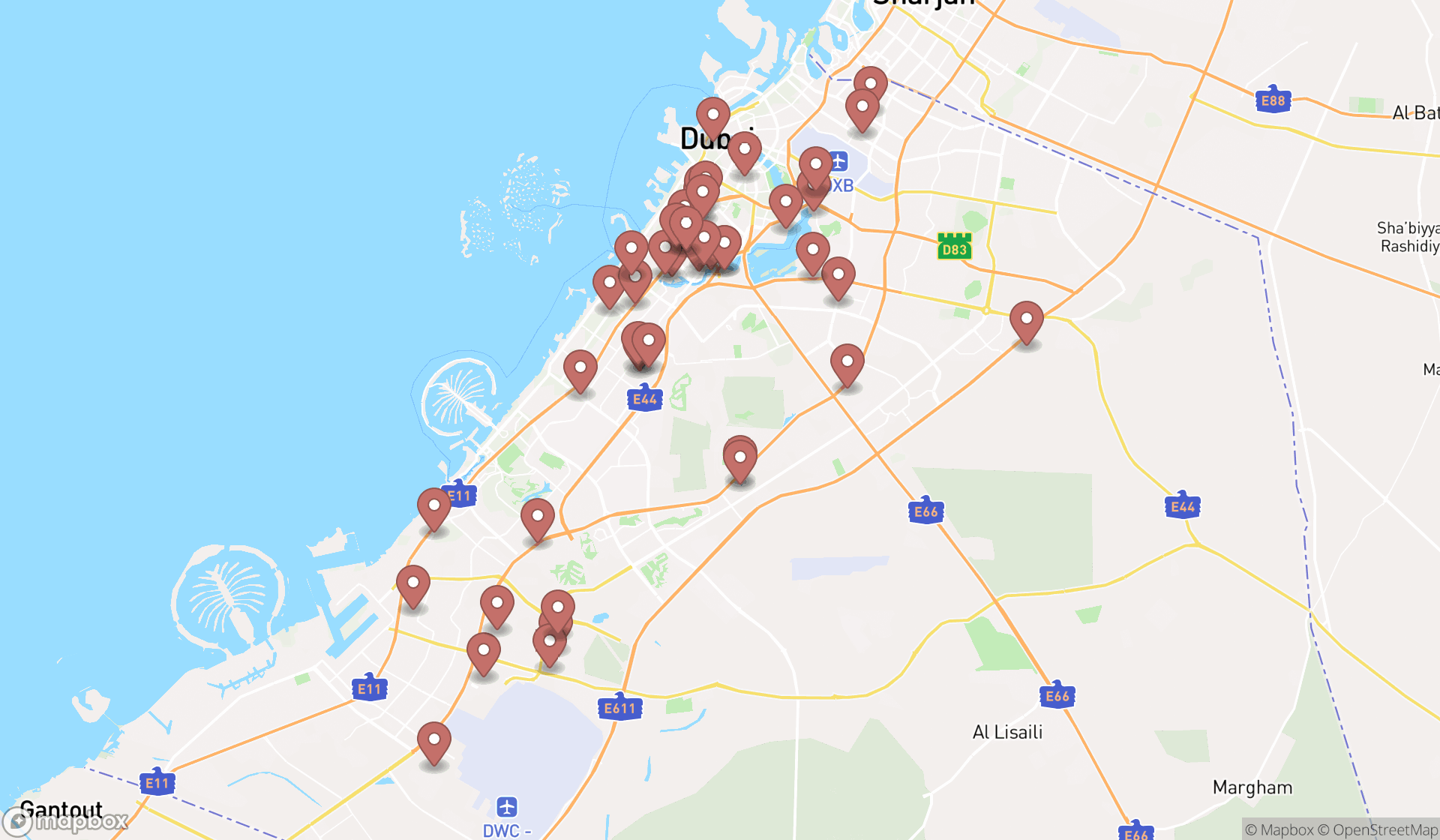 Map showing the search results in Dubai