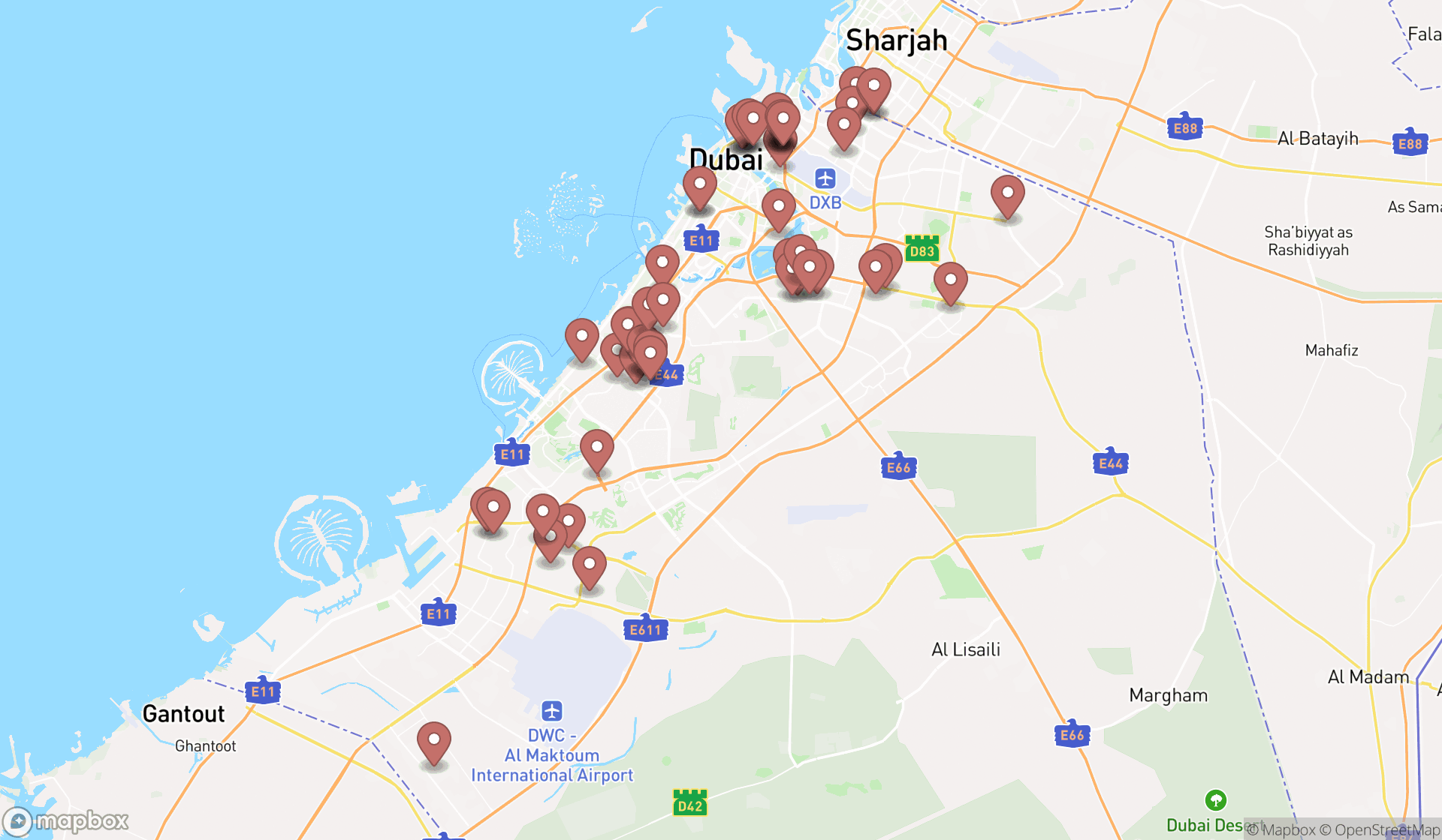 Map showing the search results in Dubai