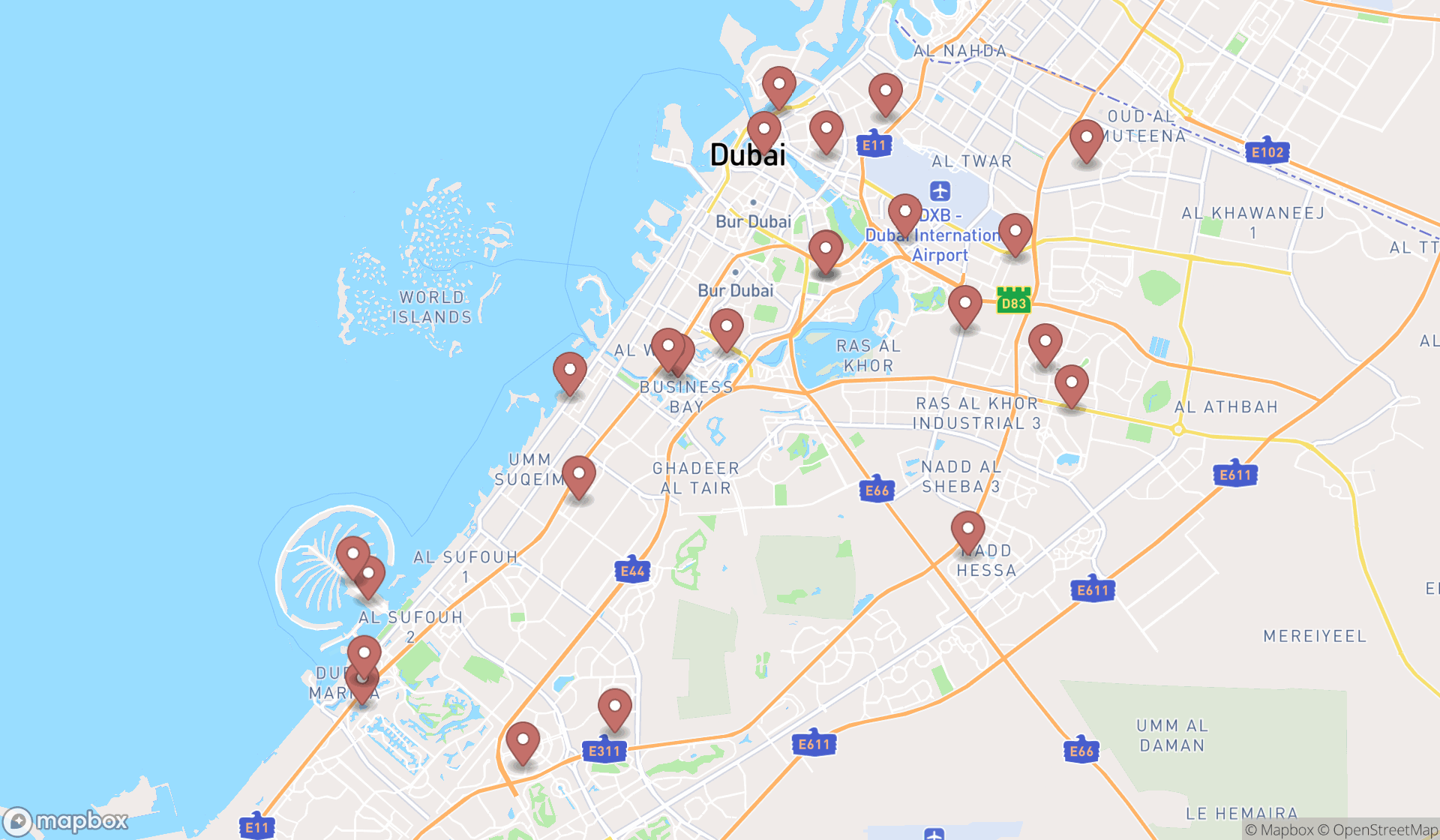 Map showing the search results in Dubai