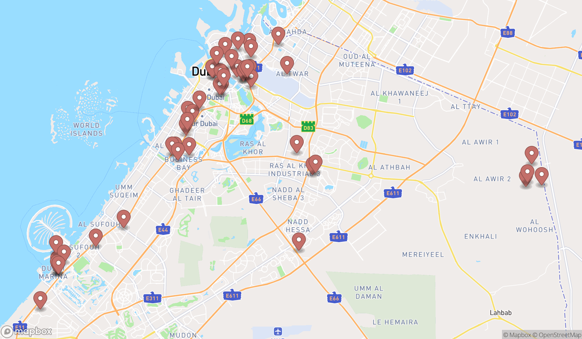 Map showing the search results in Dubai