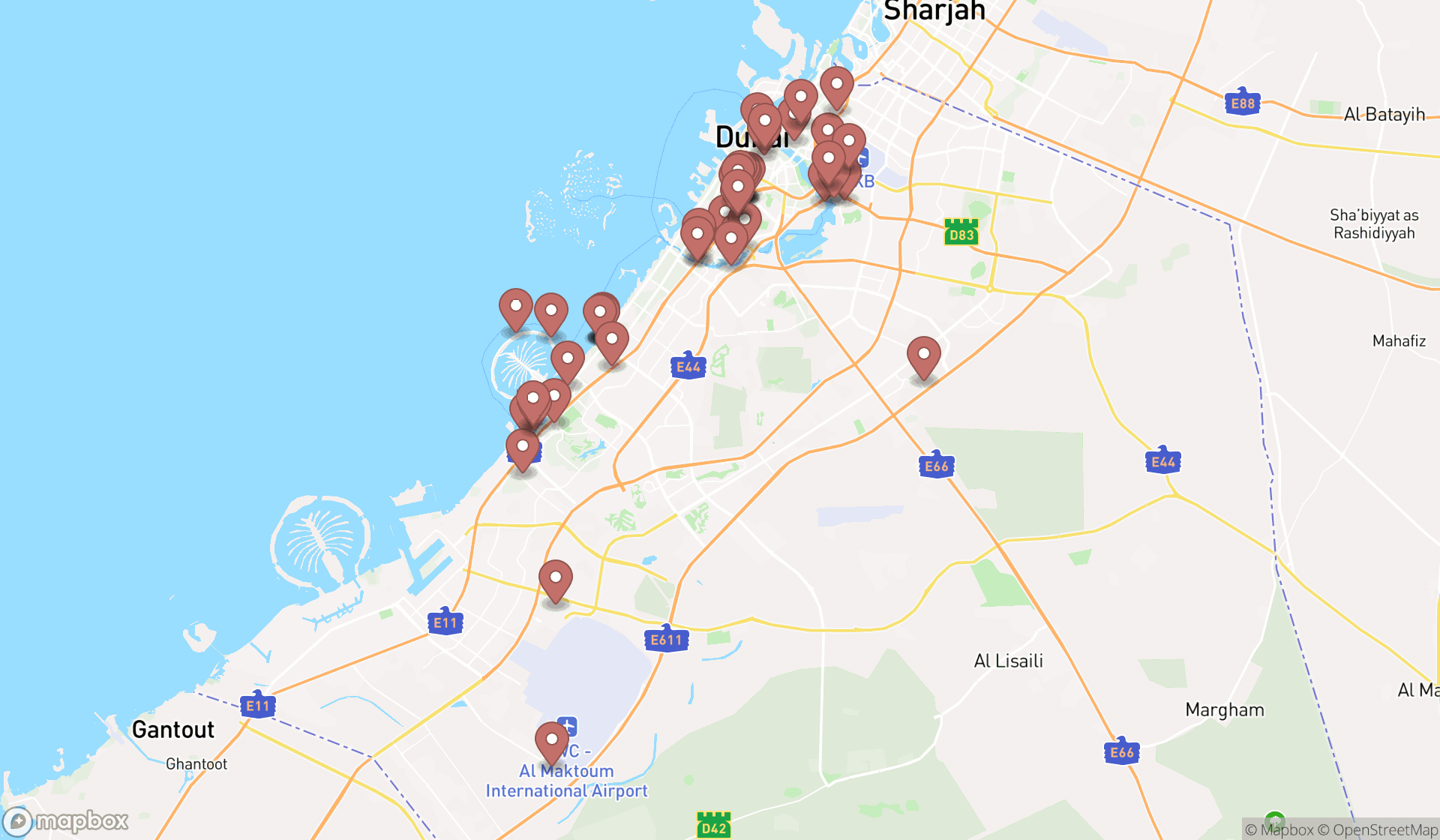 Map showing the search results in Dubai