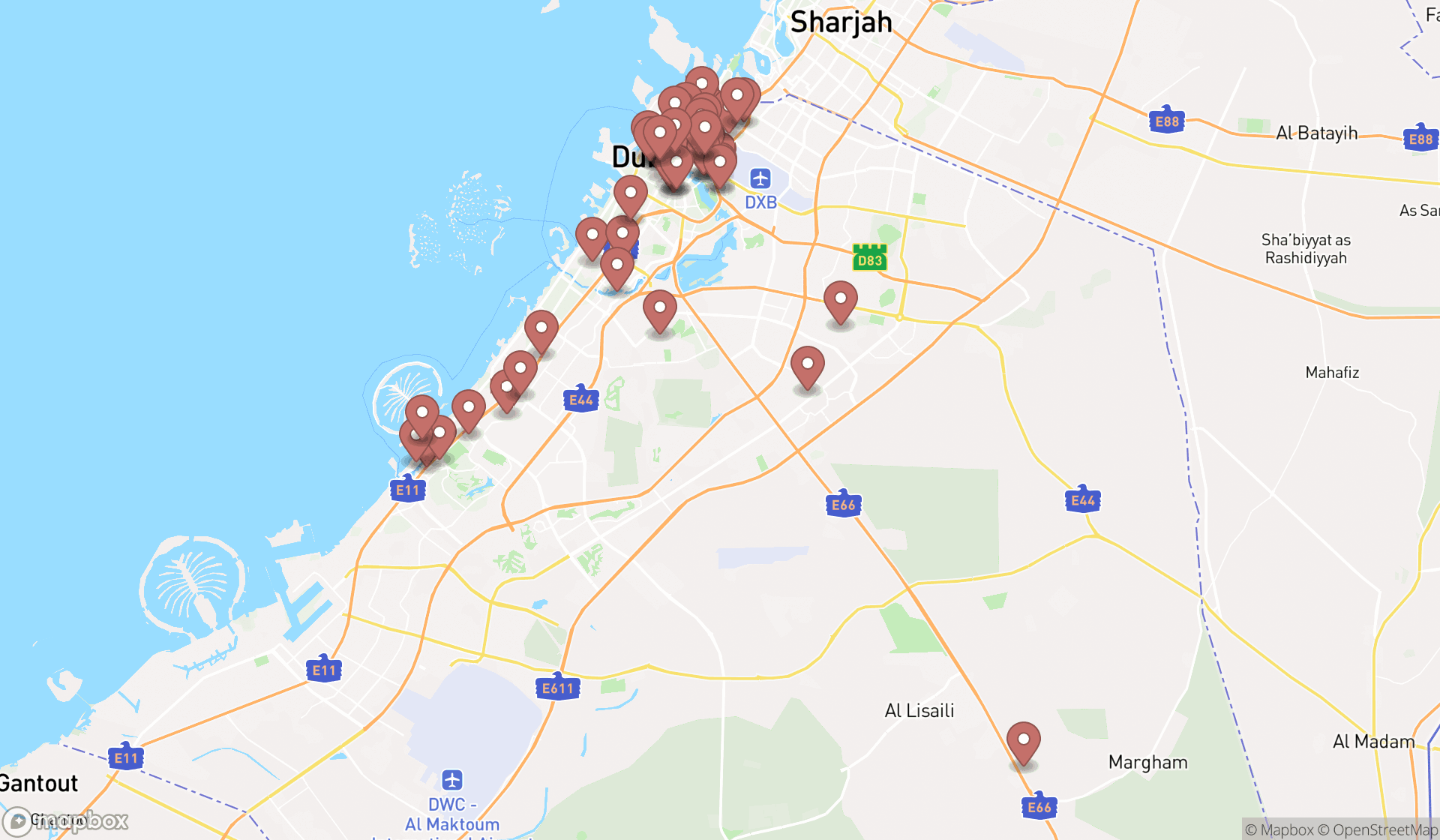 Map showing the search results in Dubai
