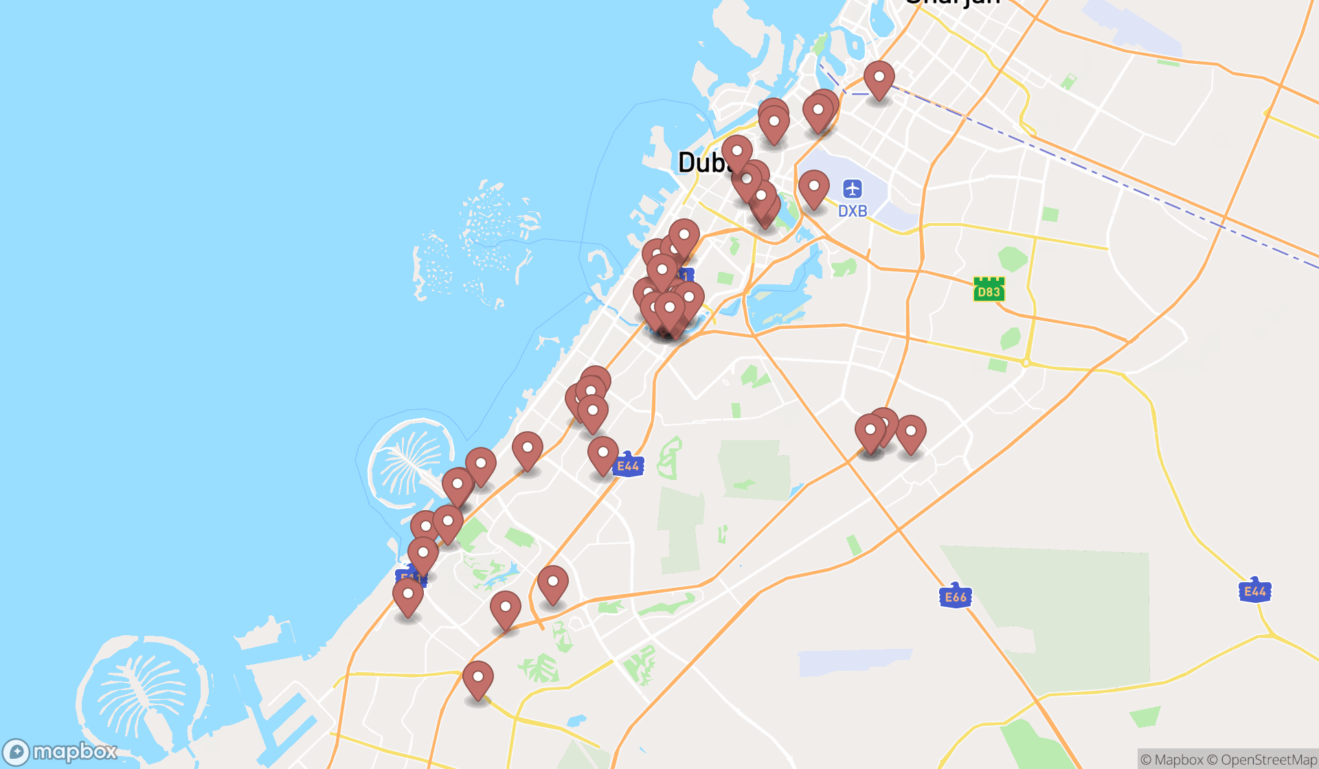 Map showing the search results in Dubai