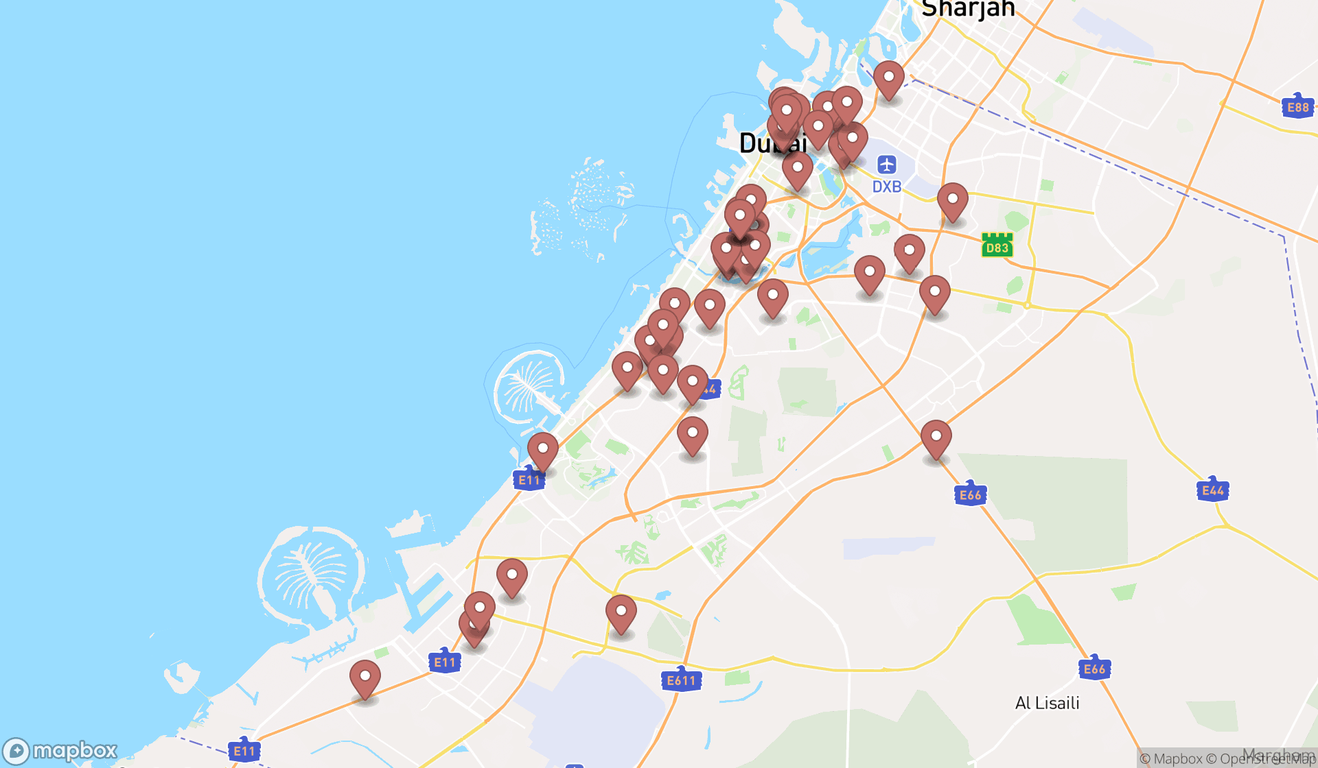 Map showing the search results in Dubai