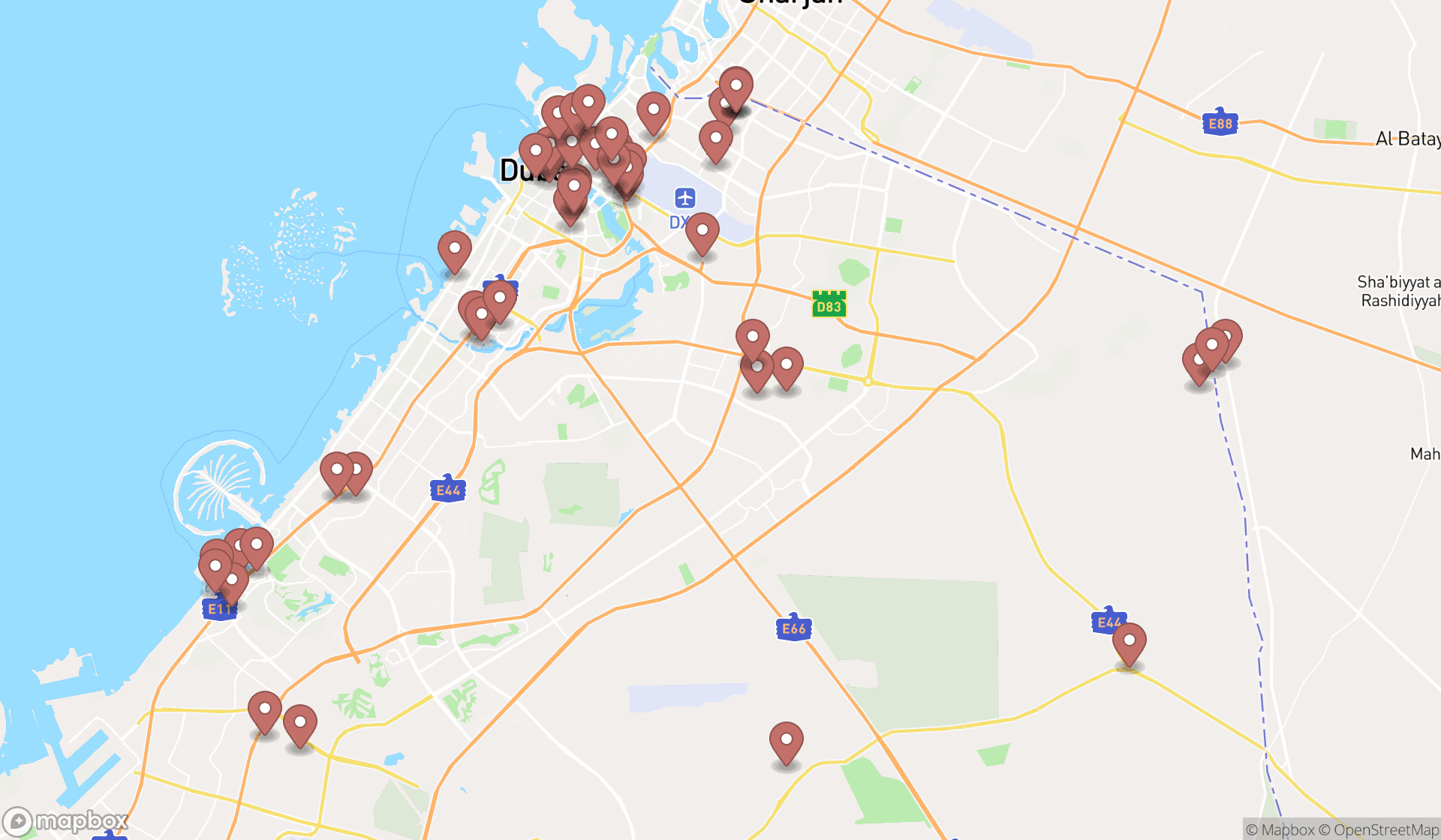 Map showing the search results in Dubai