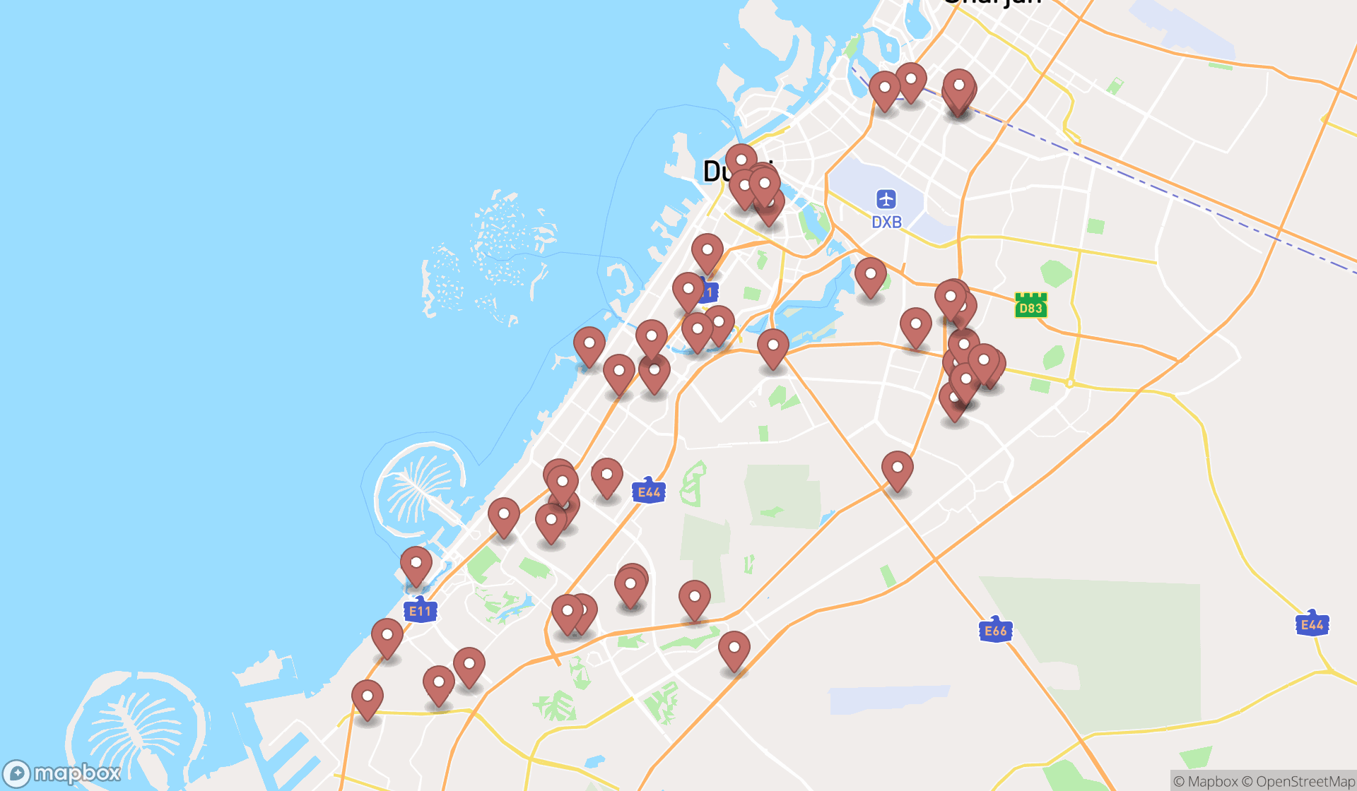 Map showing the search results in Dubai