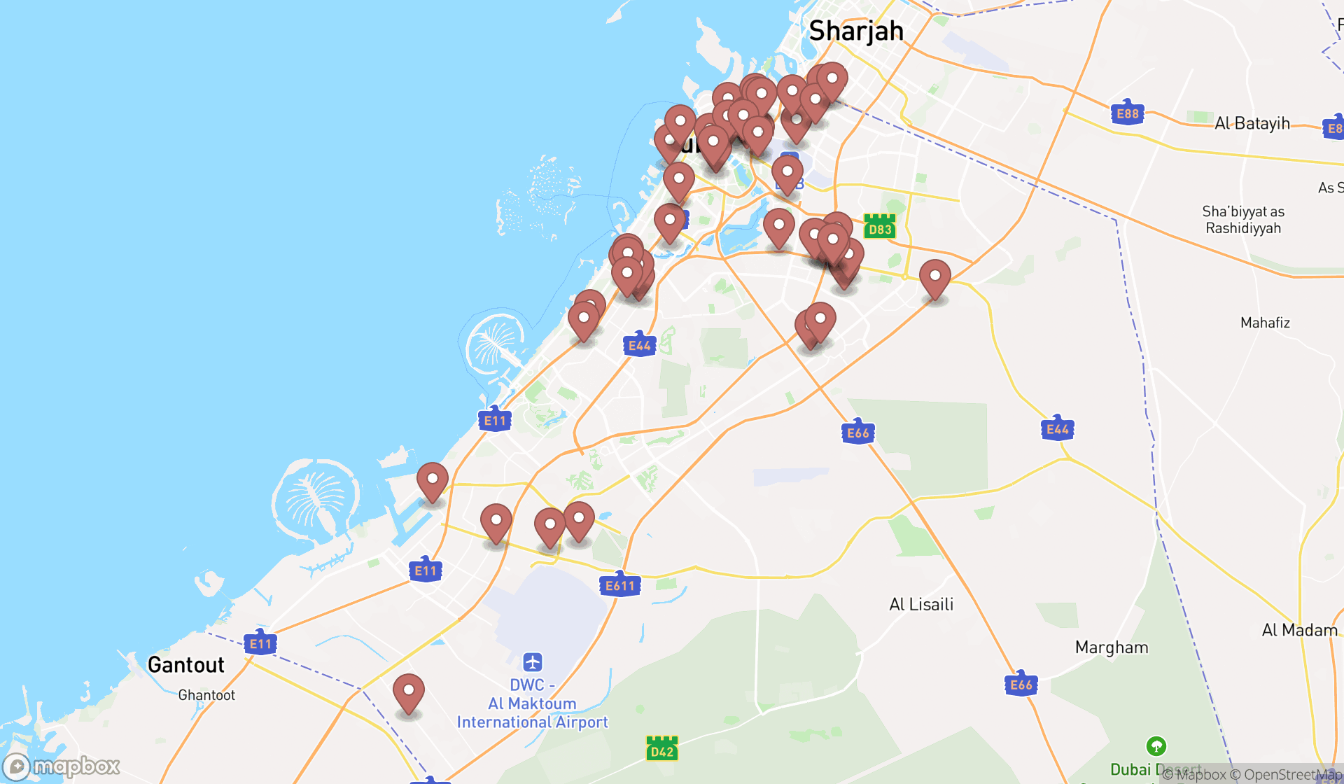Map showing the search results in Dubai