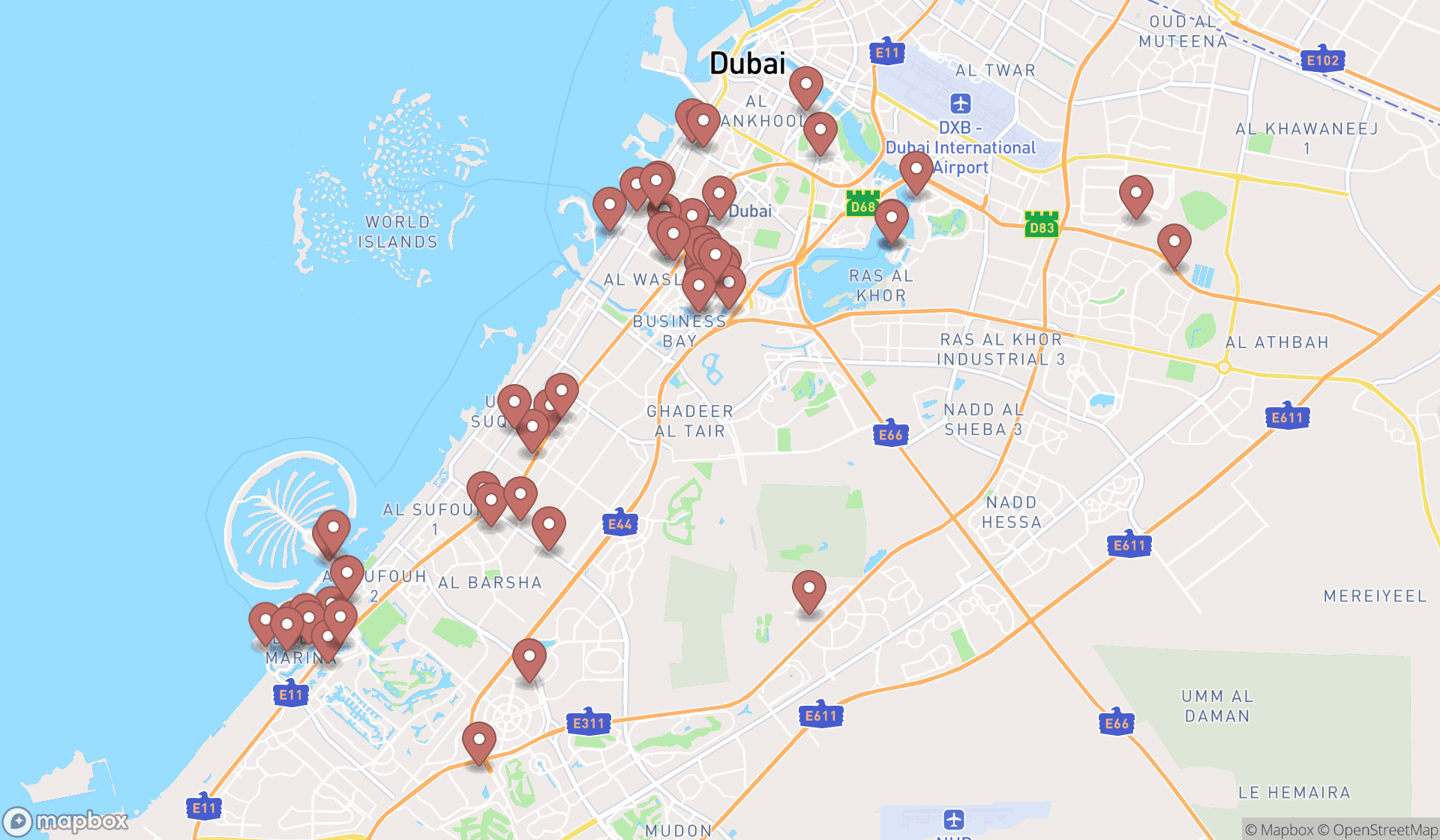 Map showing the search results in Dubai