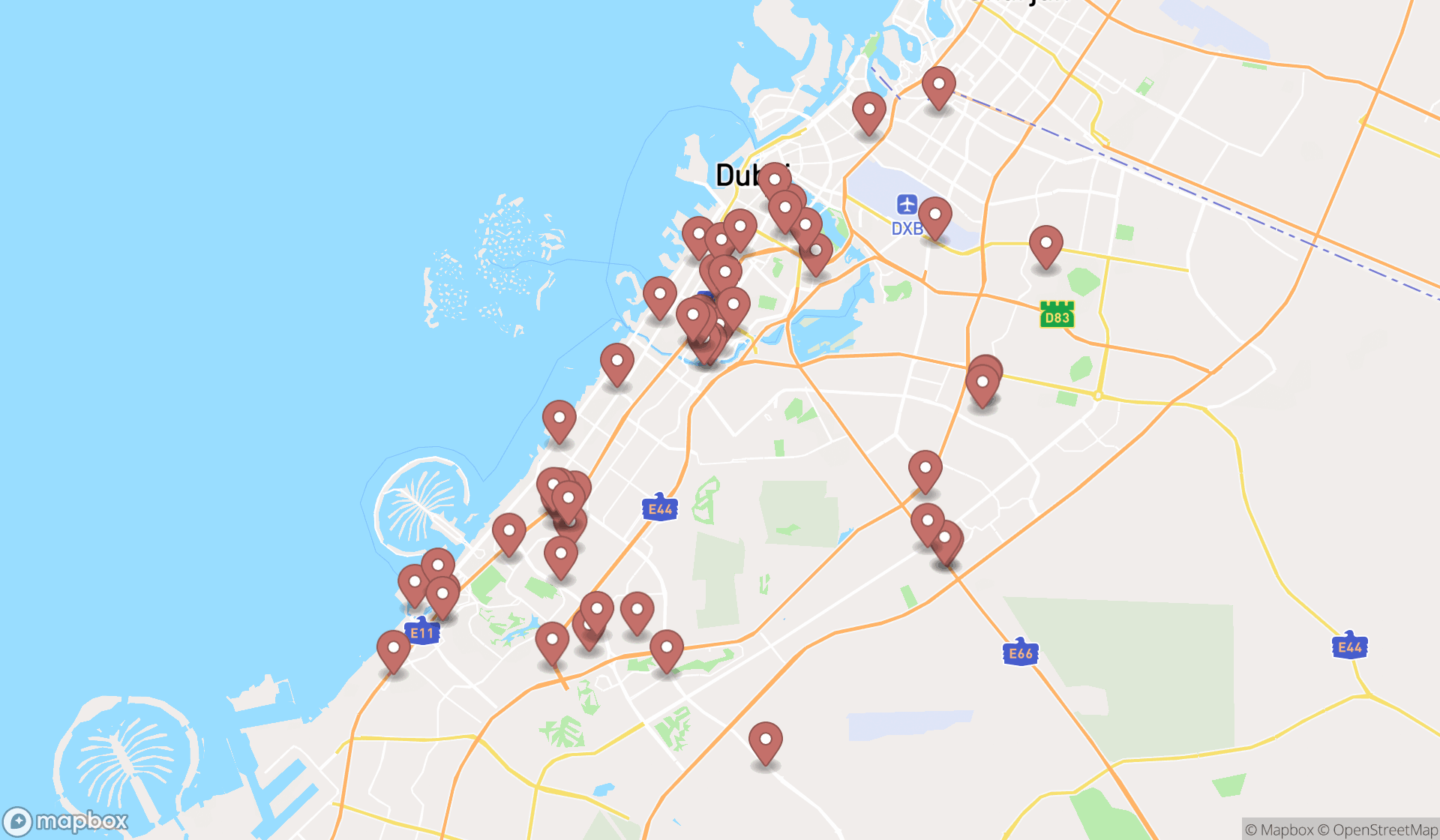Map showing the search results in Dubai