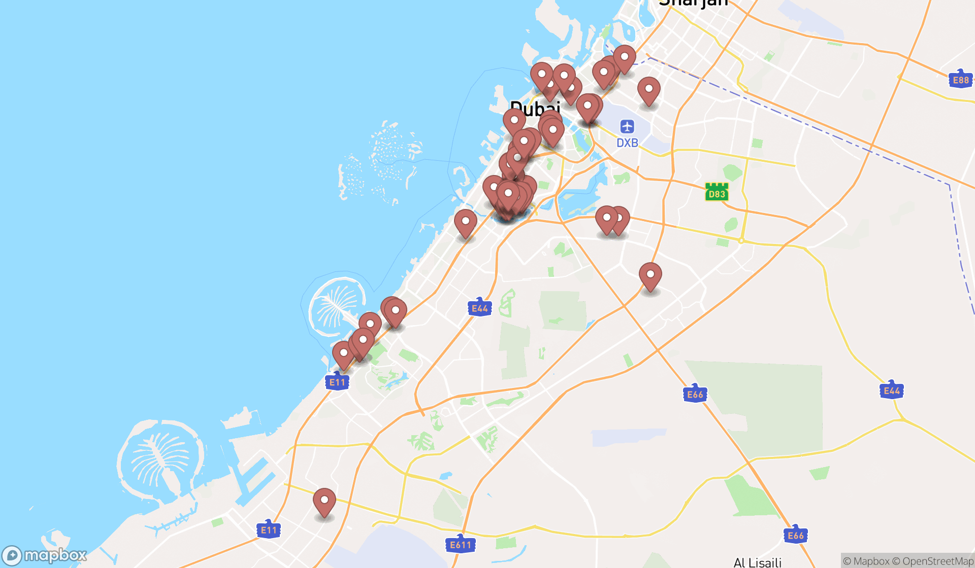 Map showing the search results in Dubai