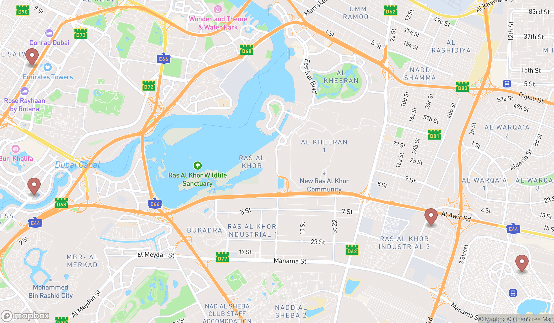 Map showing the search results in Dubai