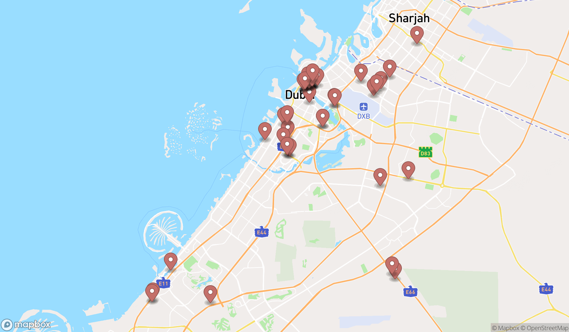 Map showing the search results in Dubai