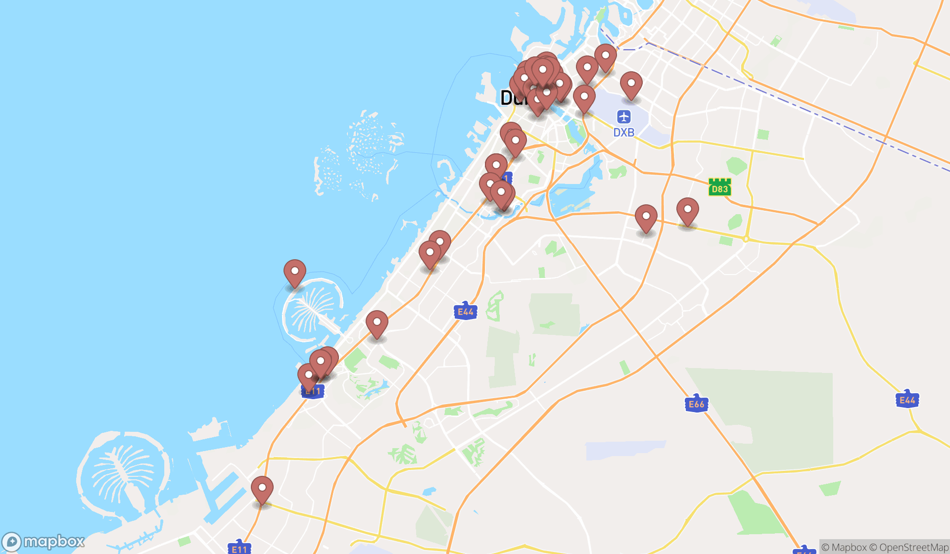 Map showing the search results in Dubai