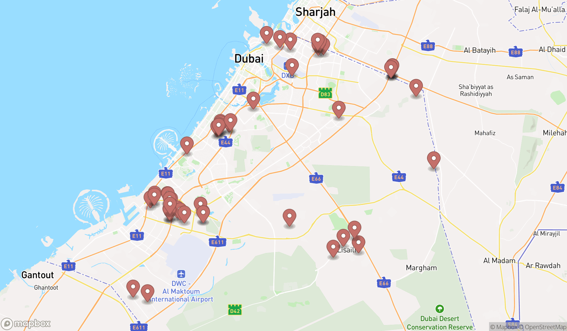 Map showing the search results in Dubai
