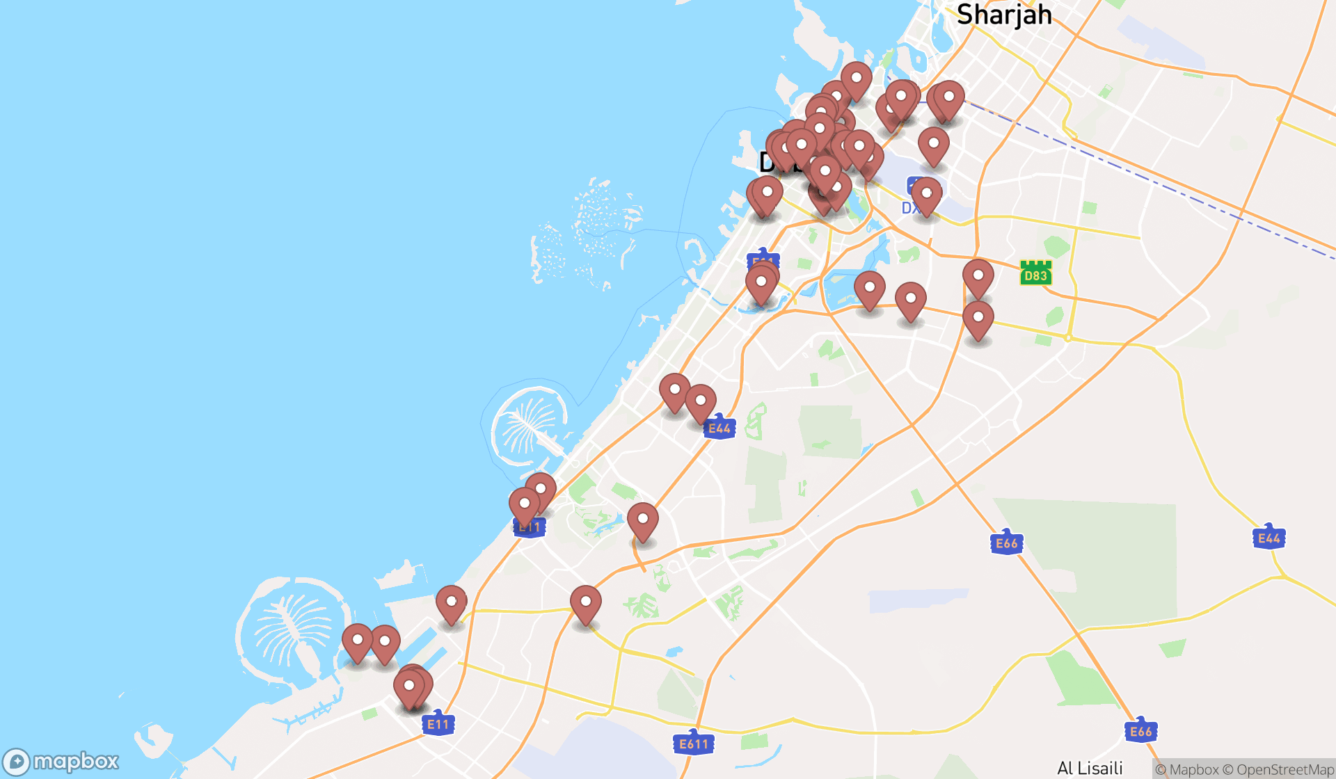 Map showing the search results in Dubai