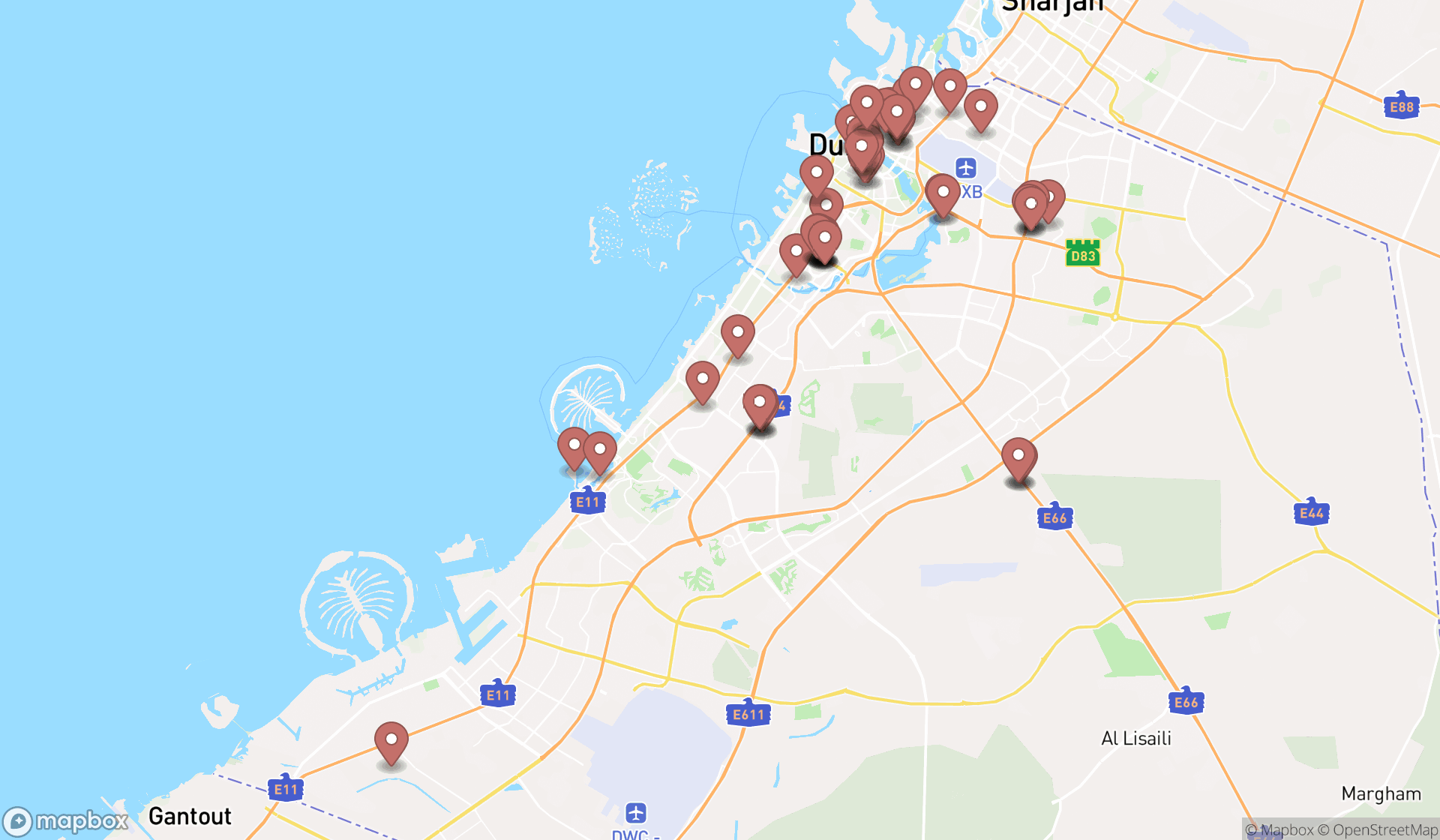 Map showing the search results in Dubai