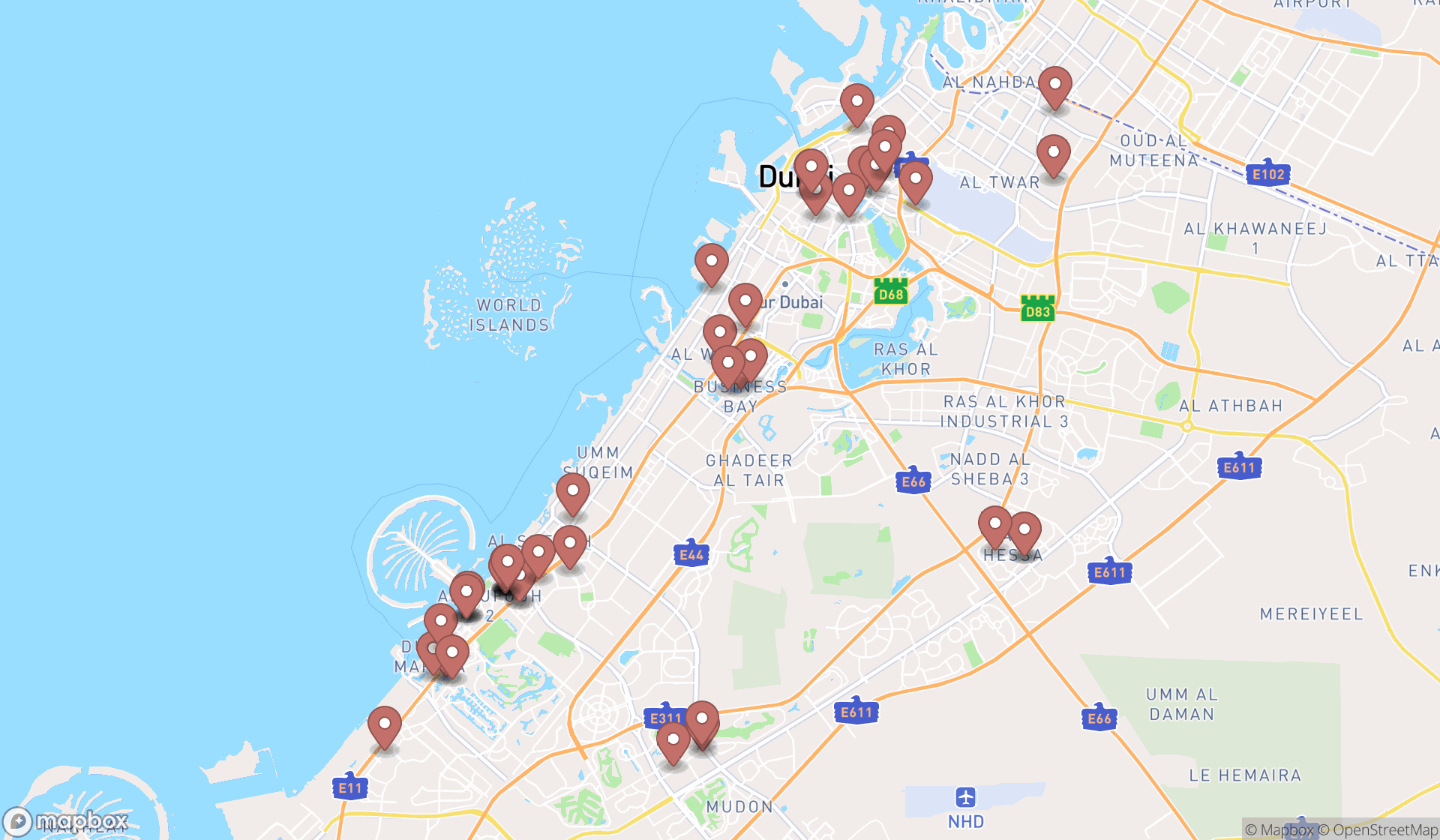 Map showing the search results in Dubai