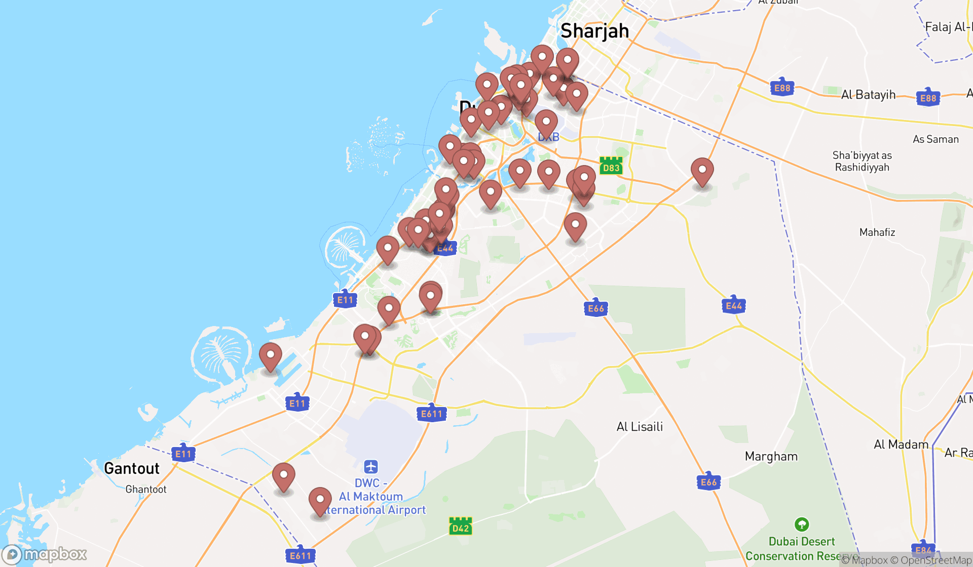 Map showing the search results in Dubai