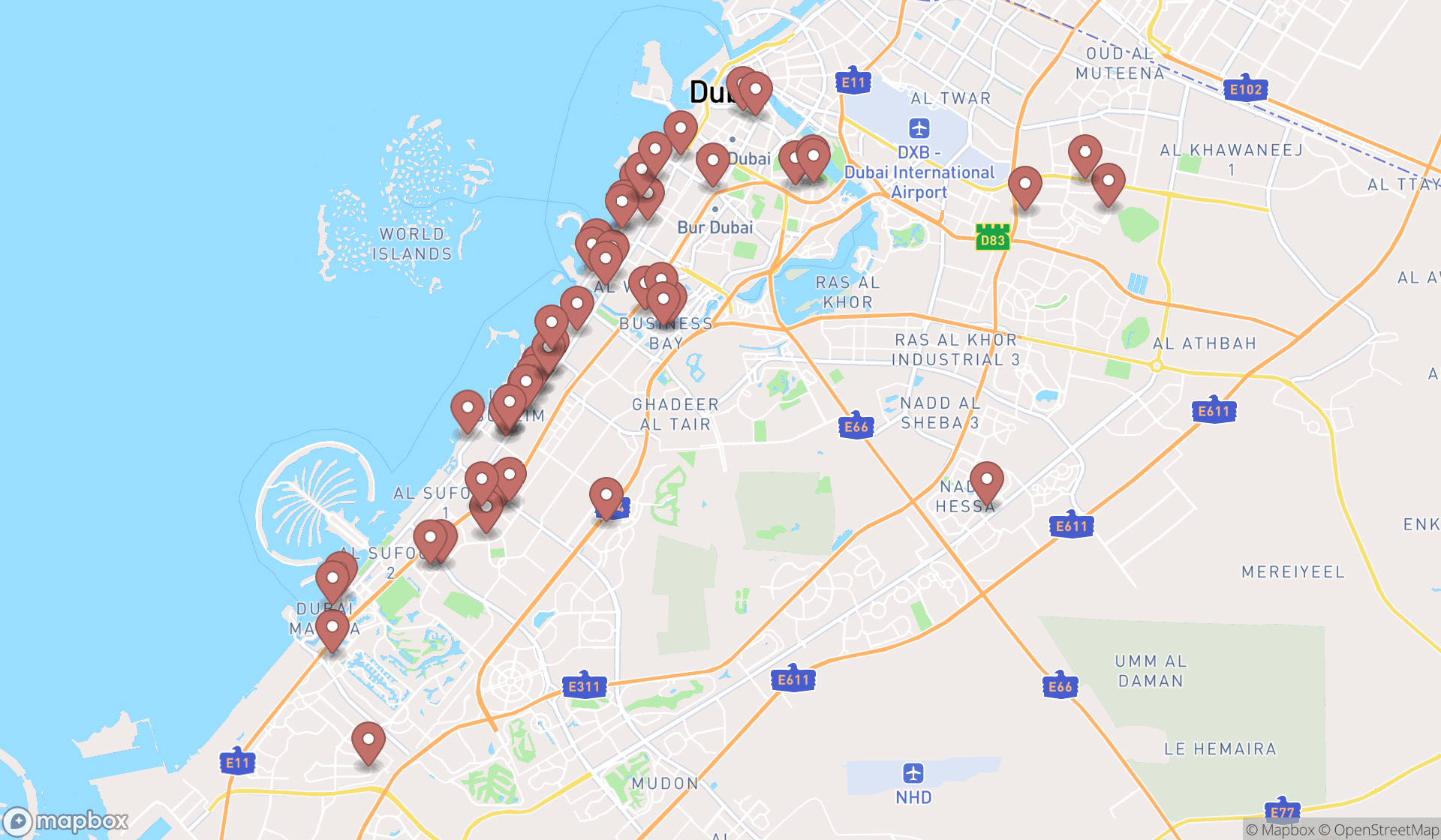 Map showing the search results in Dubai