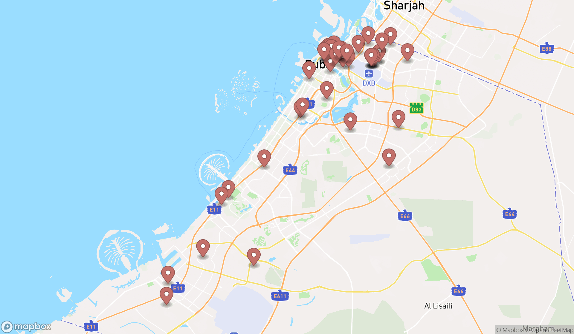 Map showing the search results in Dubai