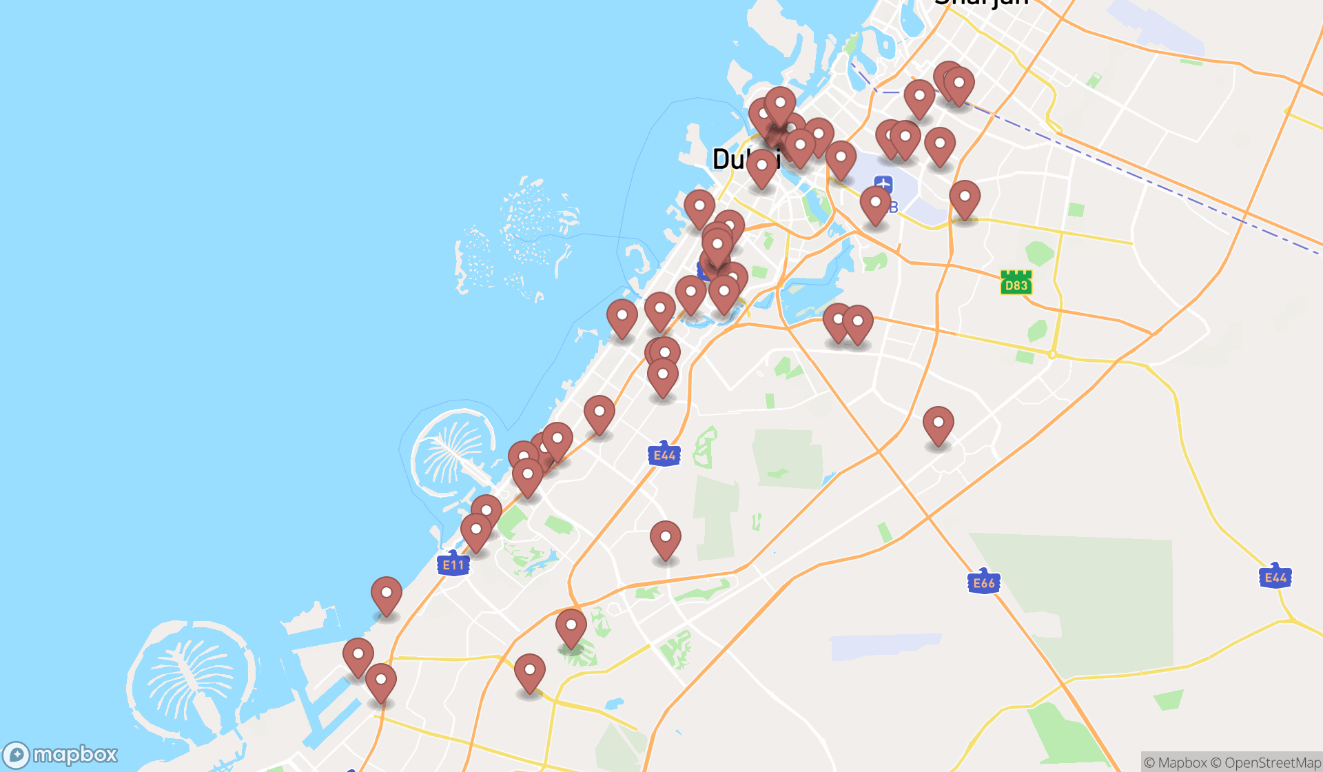 Map showing the search results in Dubai
