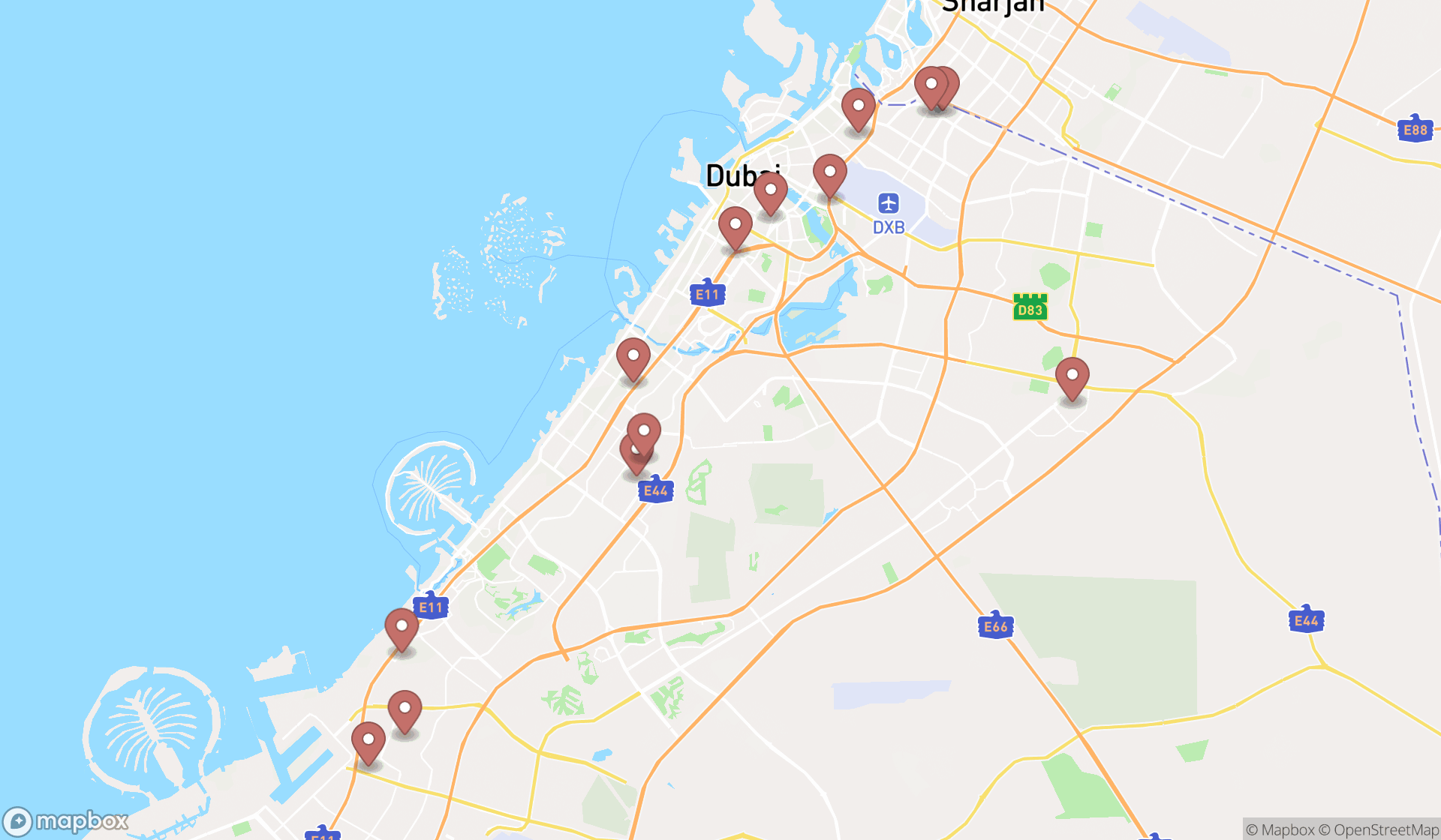Map showing the search results in Dubai