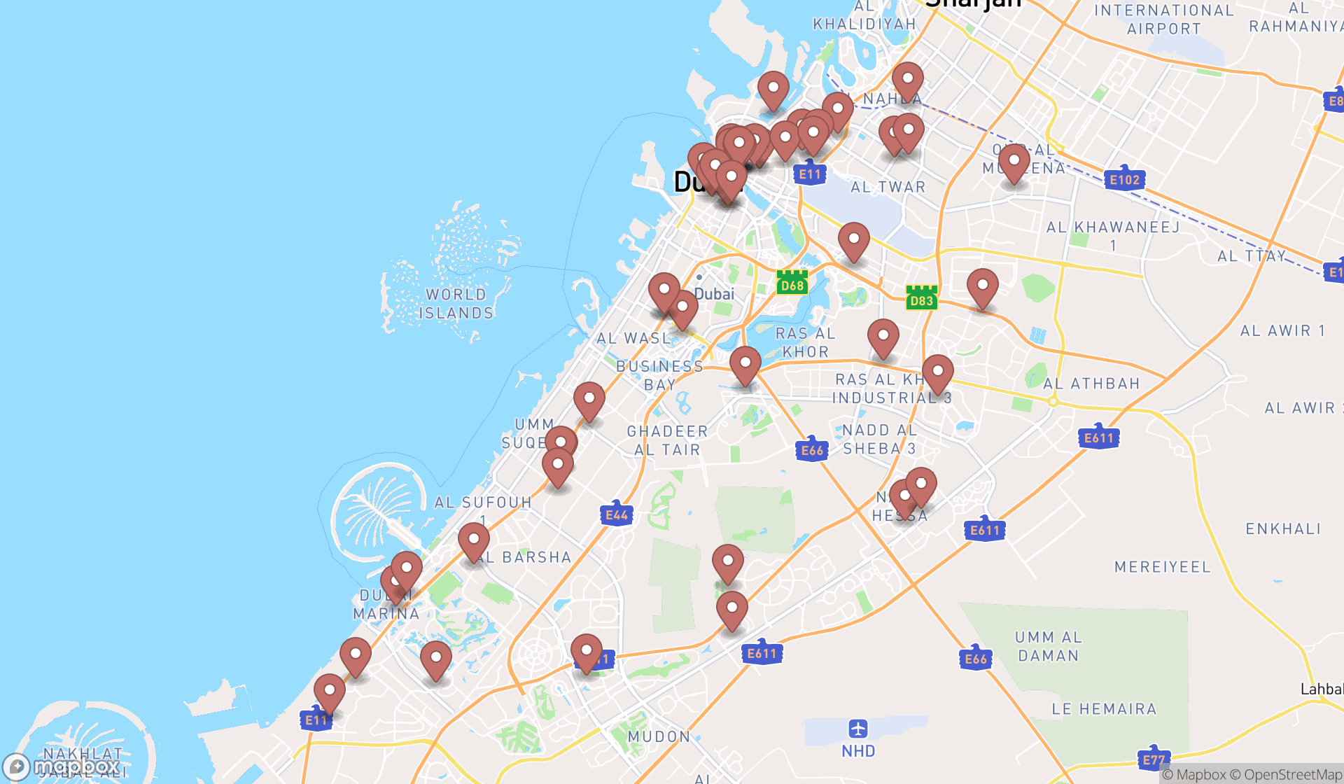 Map showing the search results in Dubai