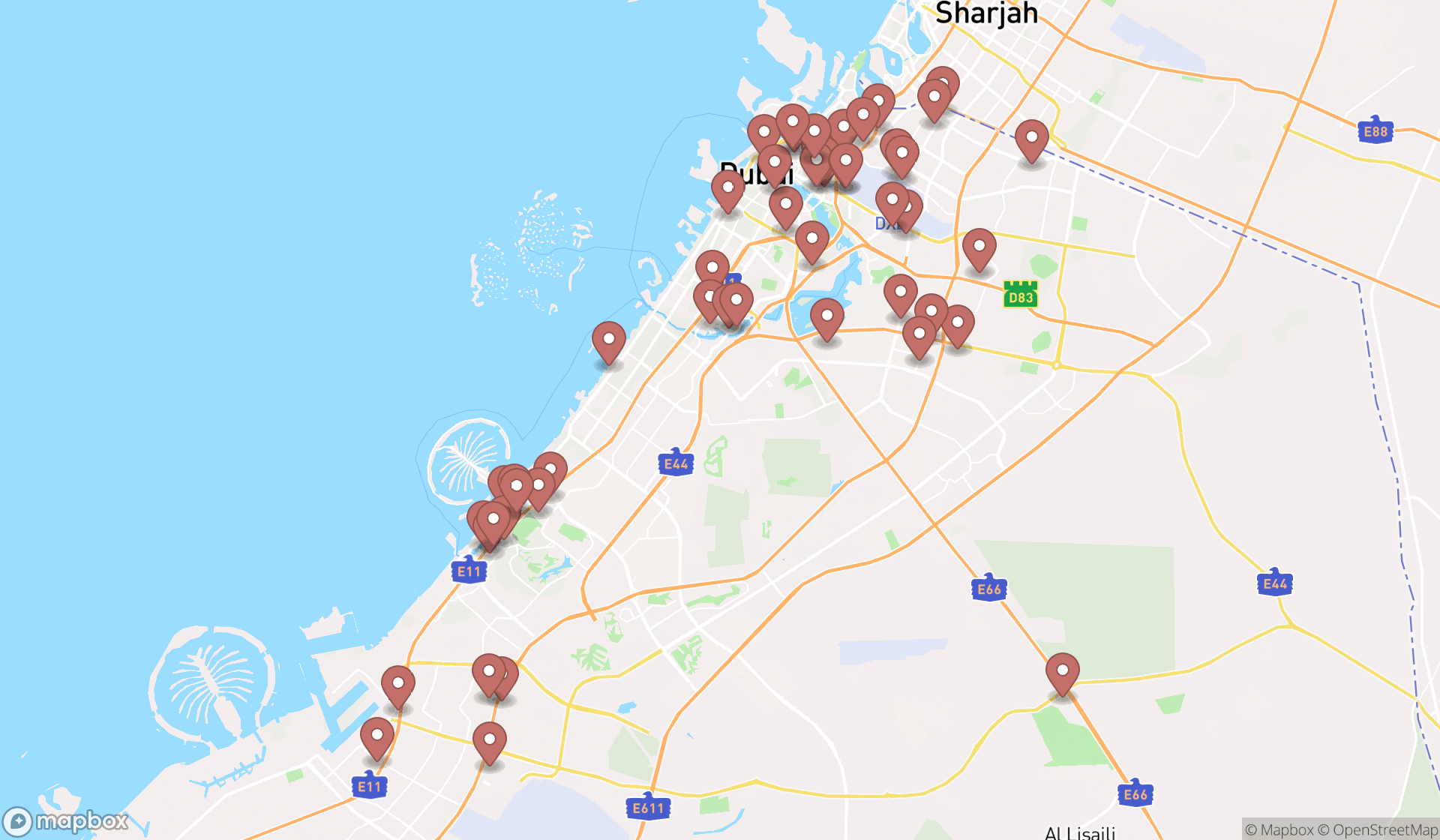 Map showing the search results in Dubai