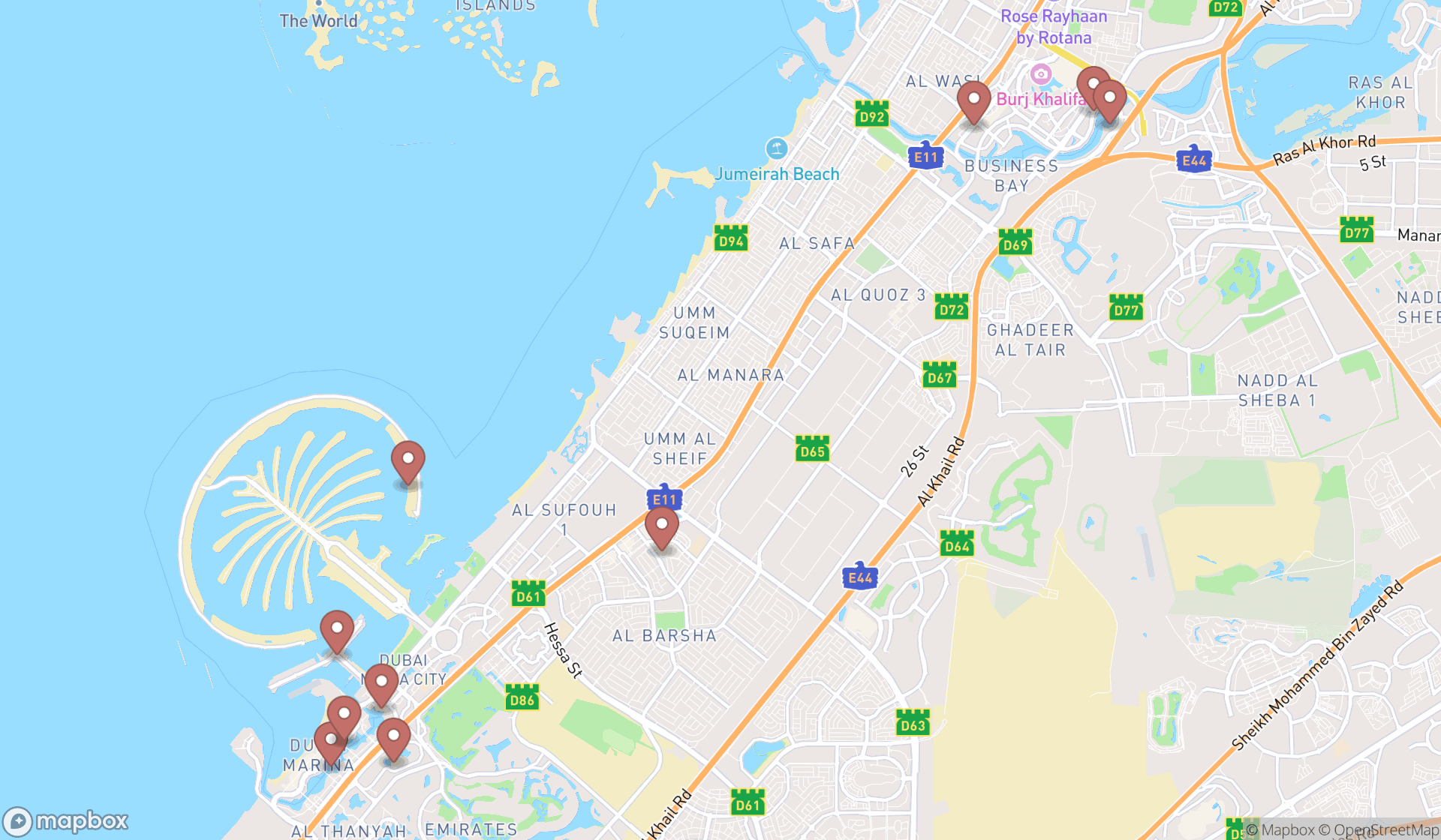 Map showing the search results in Dubai