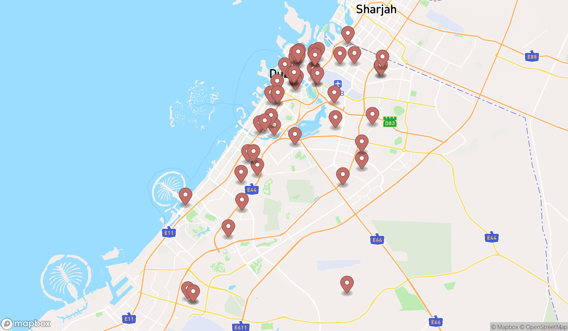 Map showing the search results in Dubai