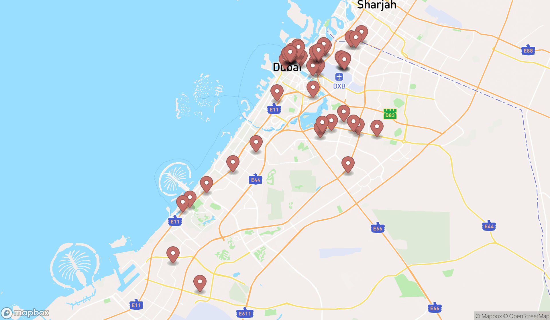 Map showing the search results in Dubai