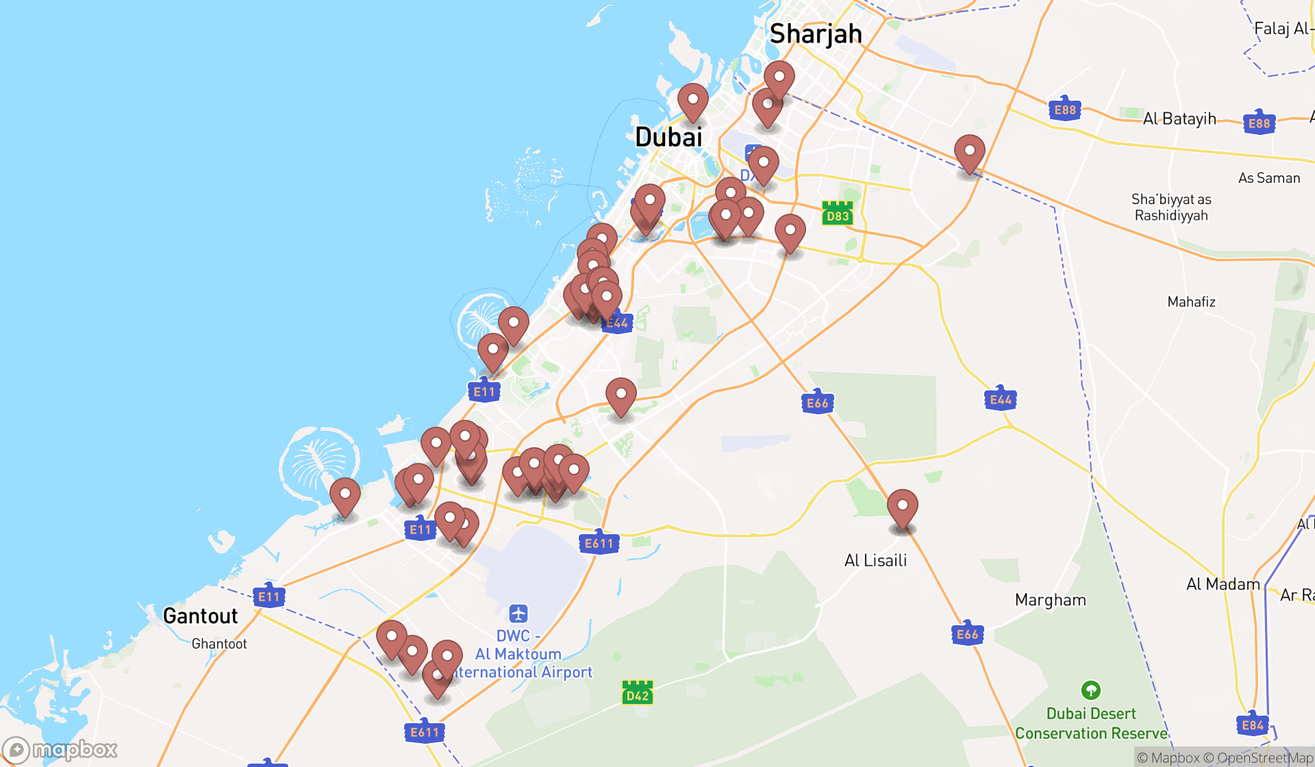 Map showing the search results in Dubai