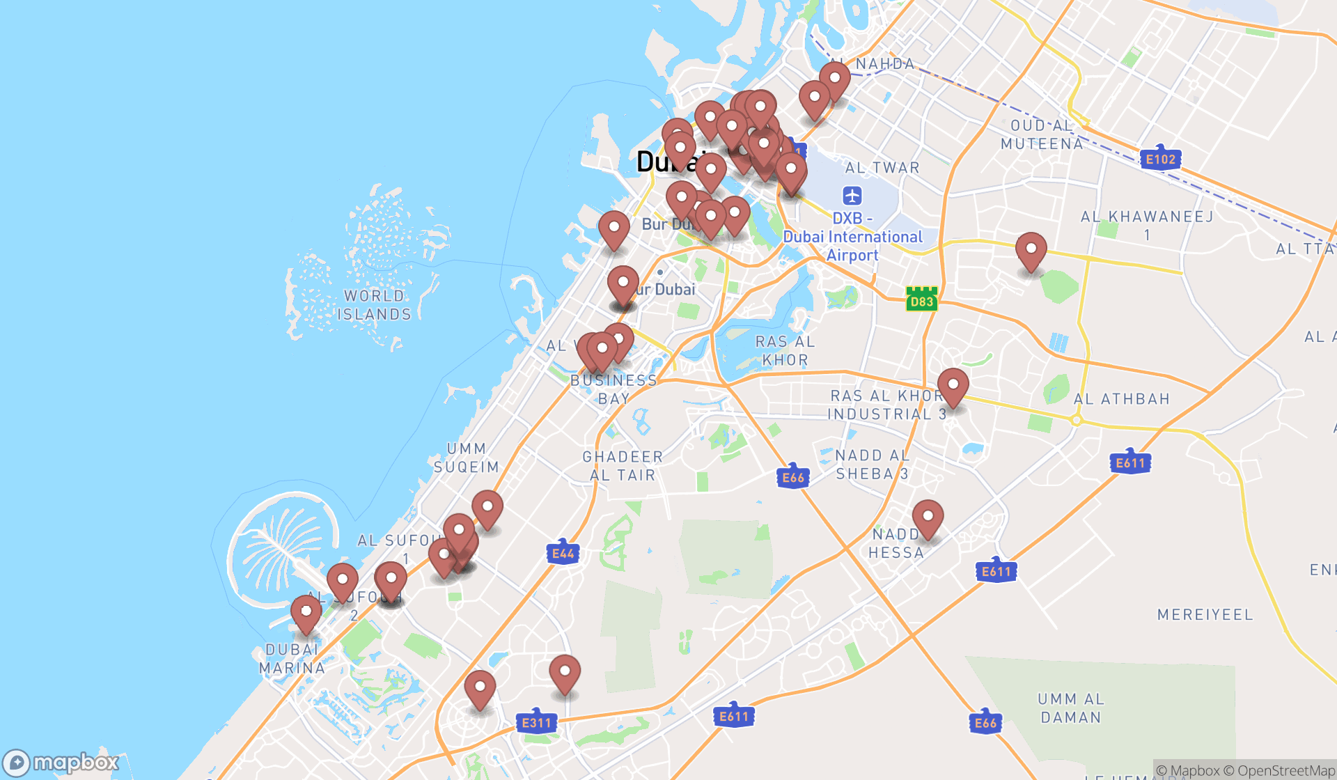 Map showing the search results in Dubai