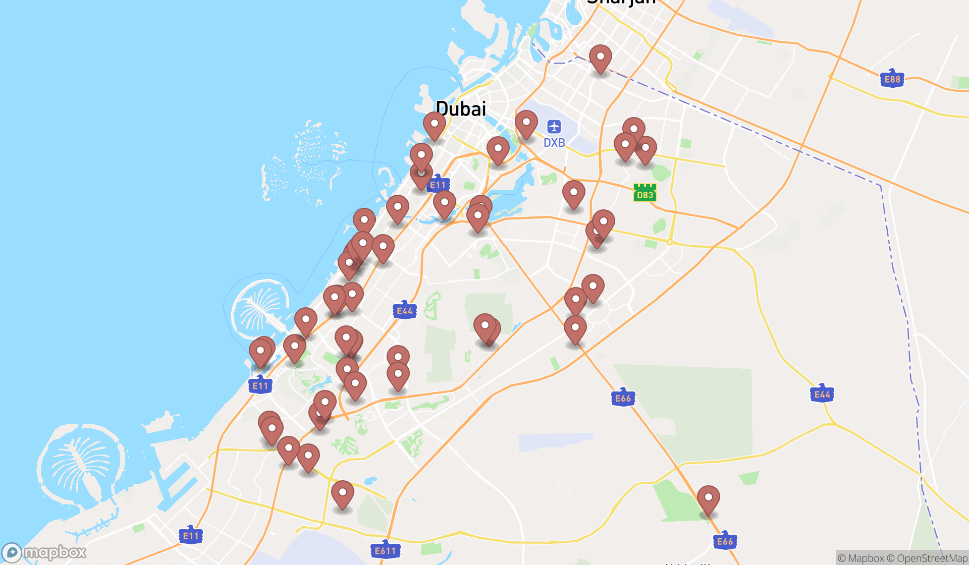 Map showing the search results in Dubai
