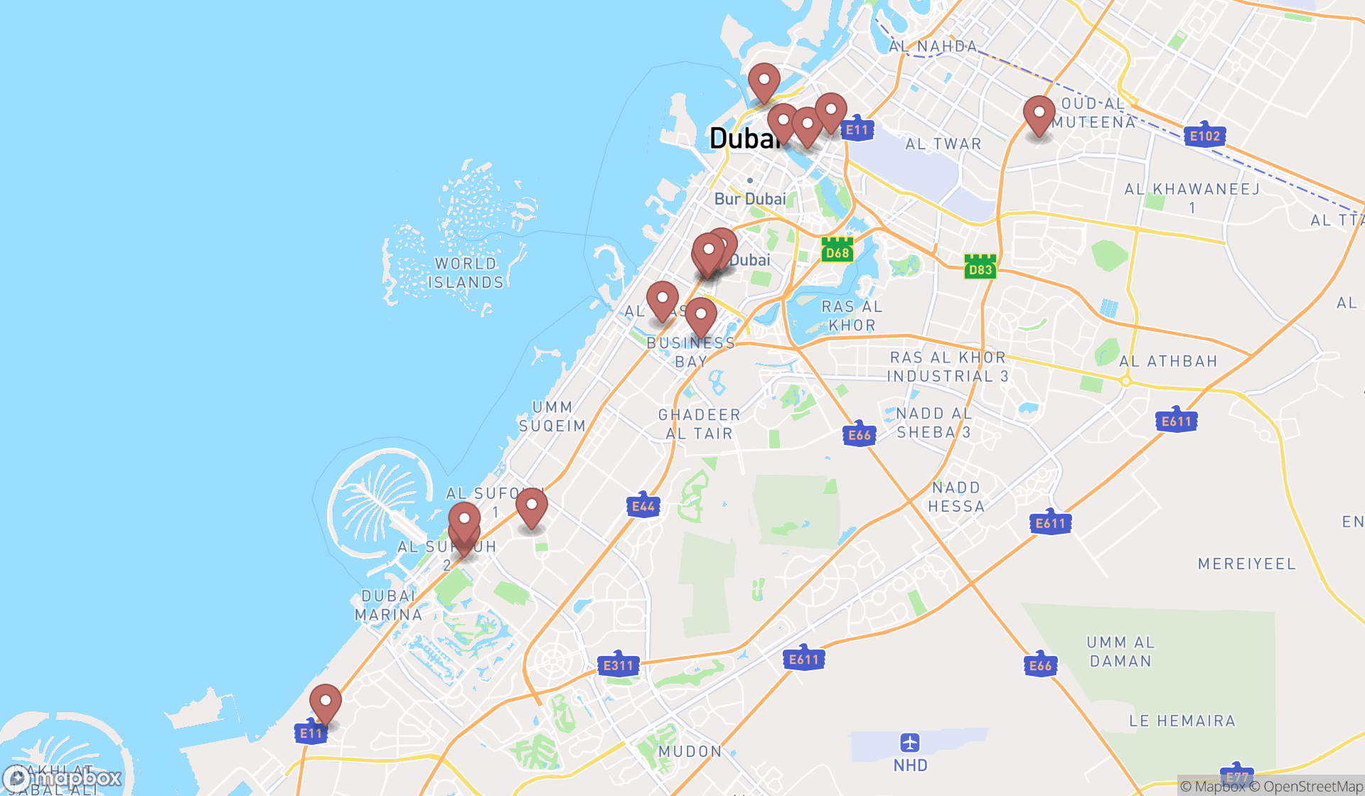 Map showing the search results in Dubai