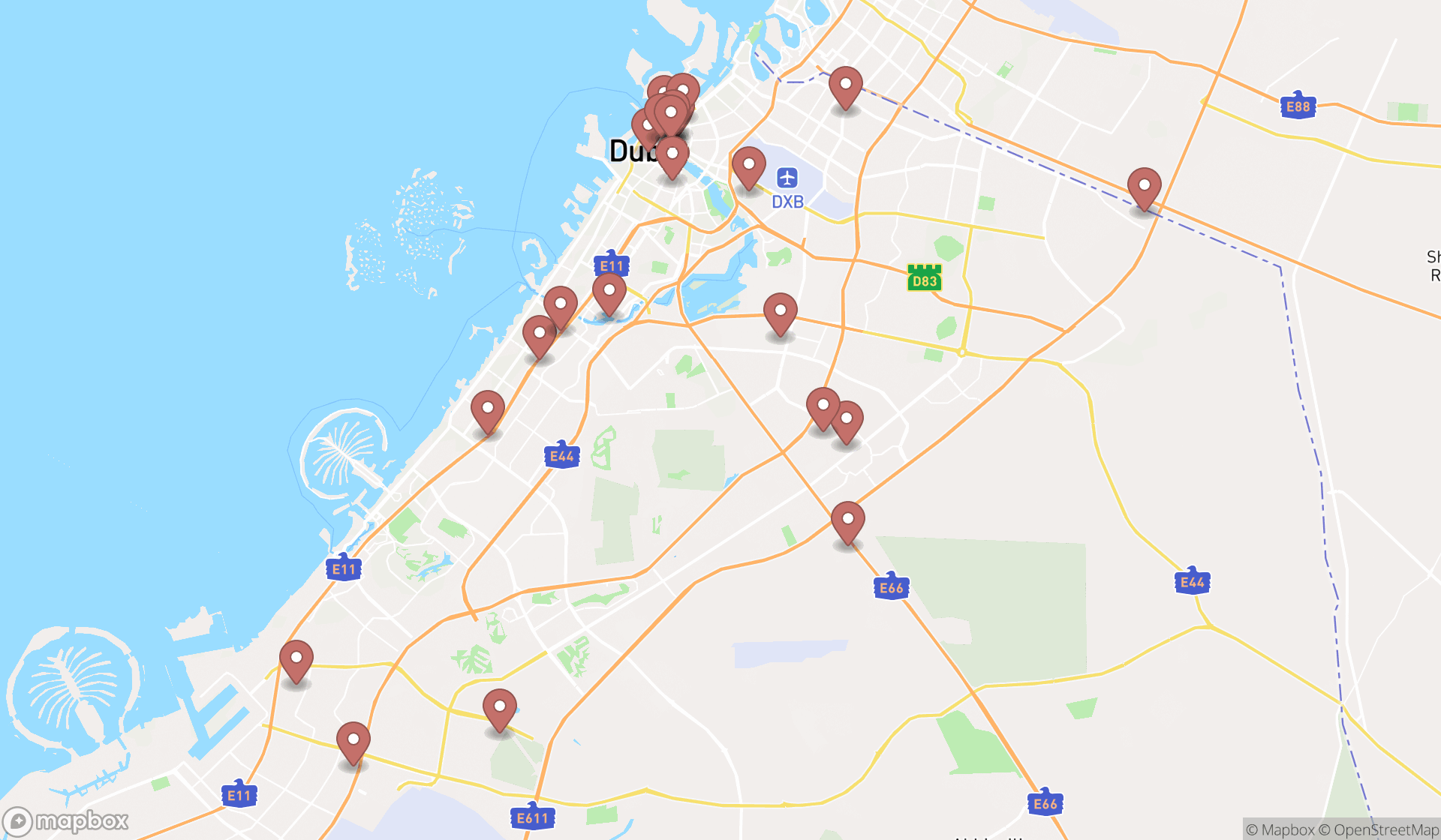 Map showing the search results in Dubai