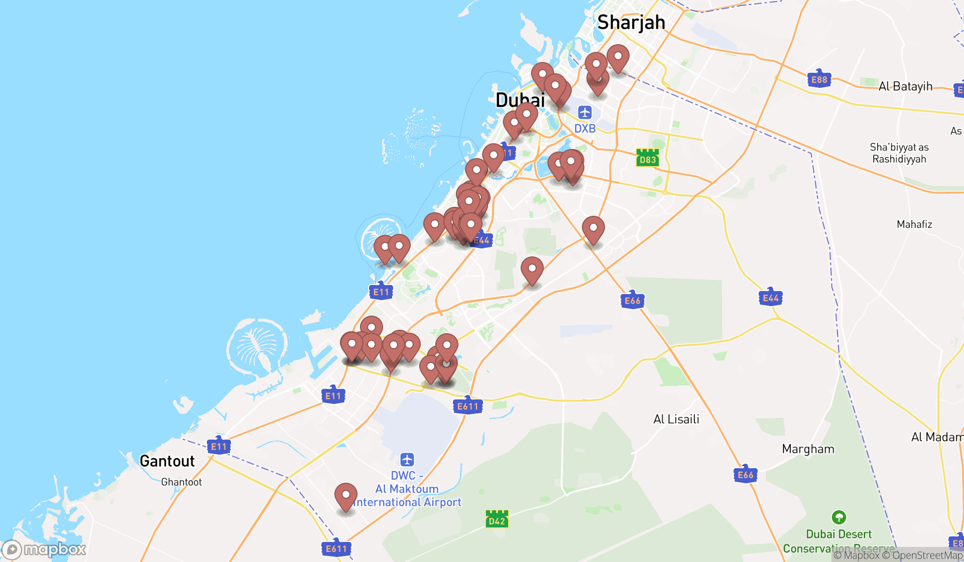 Map showing the search results in Dubai